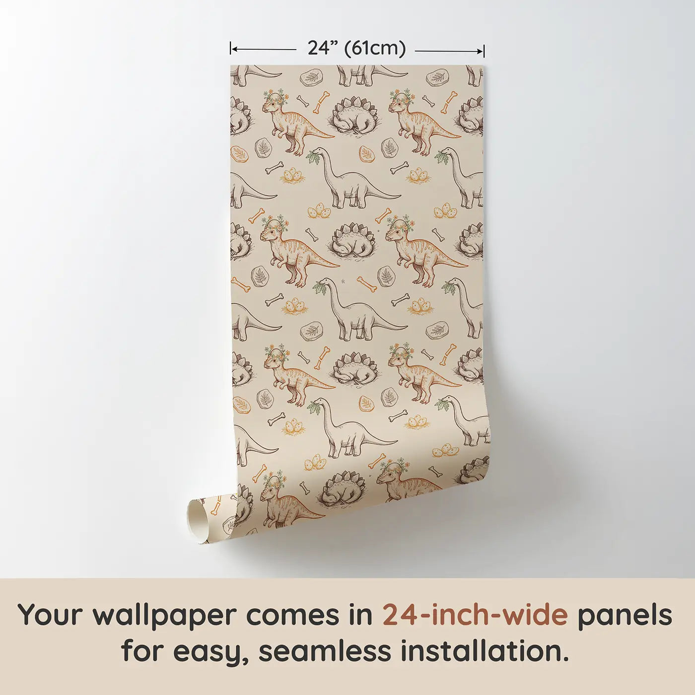 Pachycephalosaurus Flowers Growing Hand-Drawn wallpaper panel dimensions - Whimsy Tots