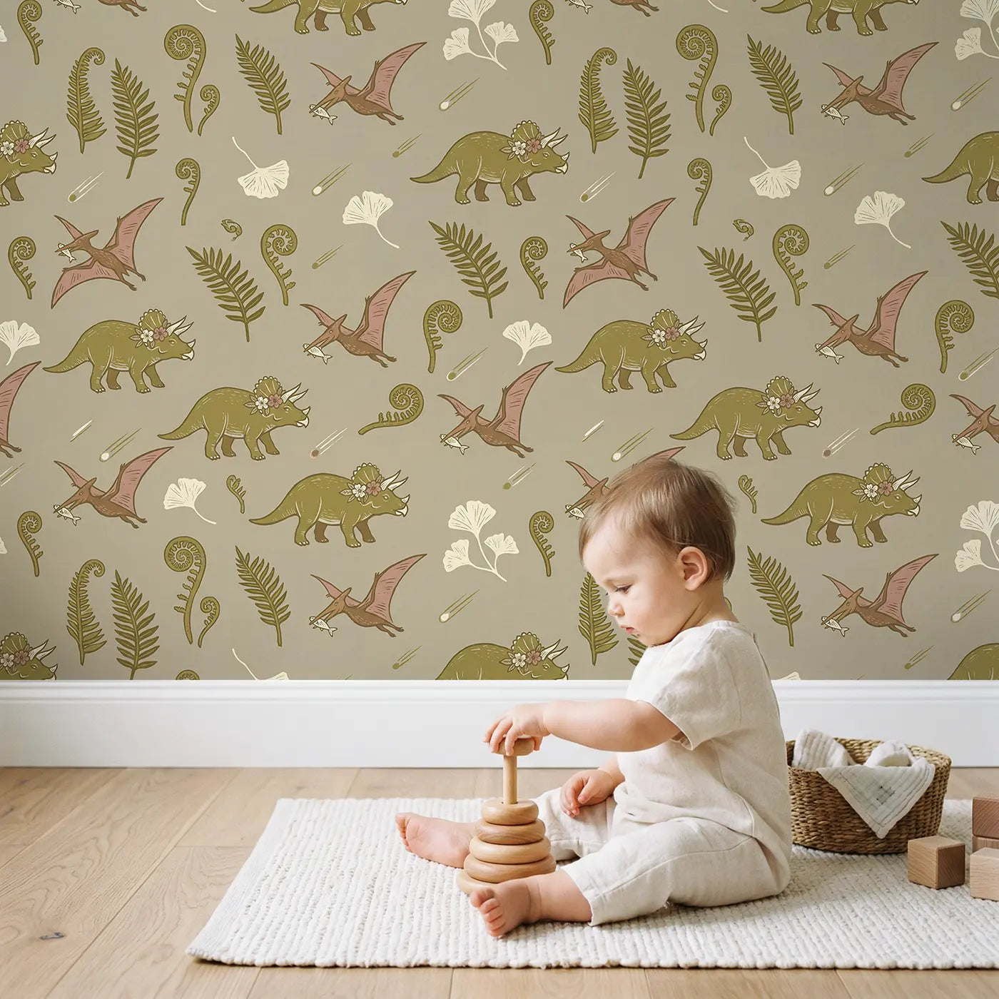 Pterodactyl Carrying Block Print wallpaper in styled kids room - Whimsy Tots