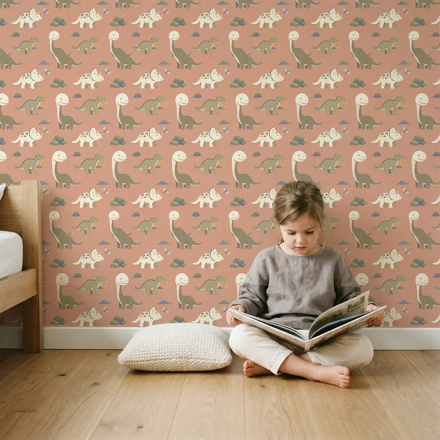 Baby Dinosaur Playing Modern Illustration wallpaper in styled kids room - Whimsy Tots