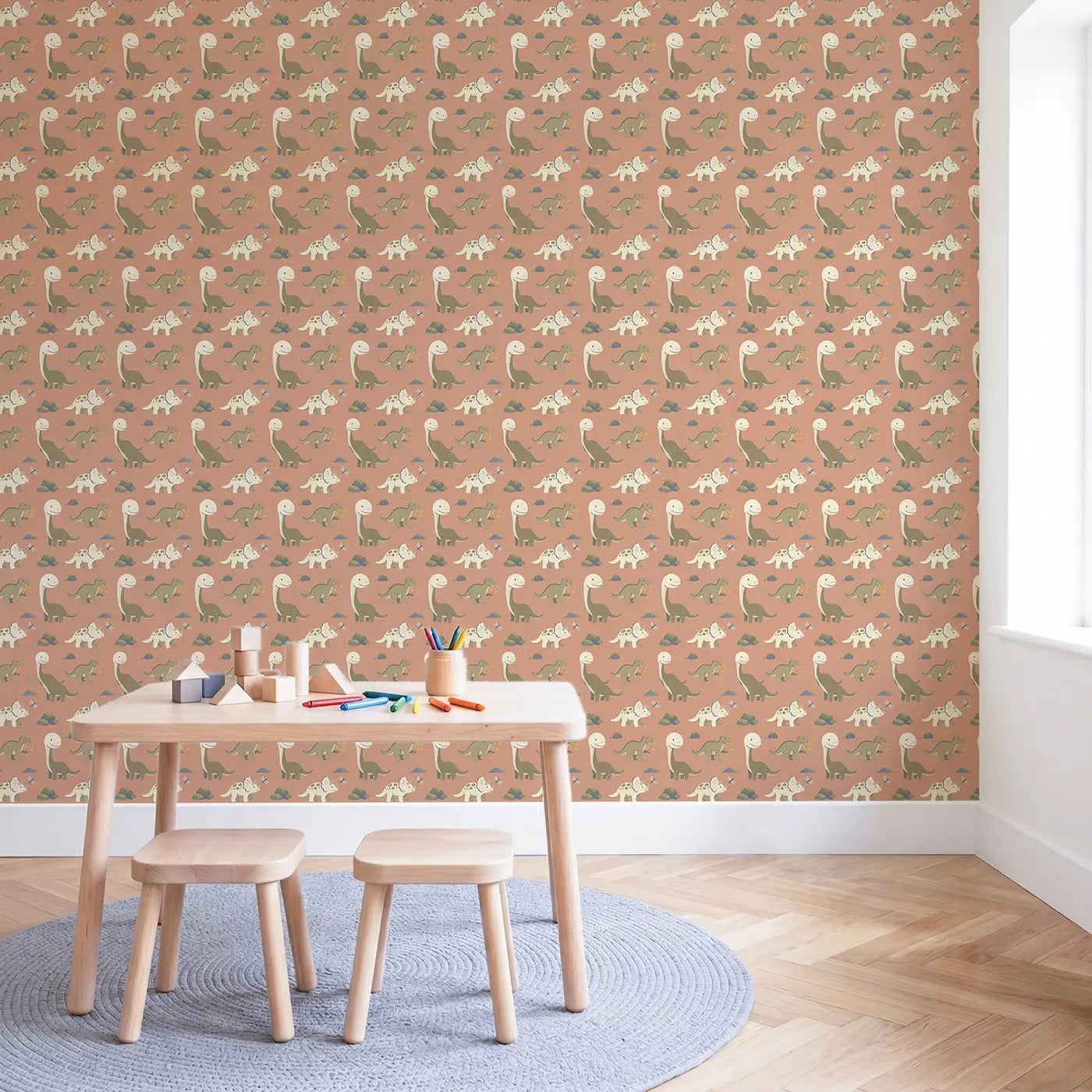 Baby Dinosaur Playing Modern Illustration wallpaper in Scandinavian nursery - Whimsy Tots