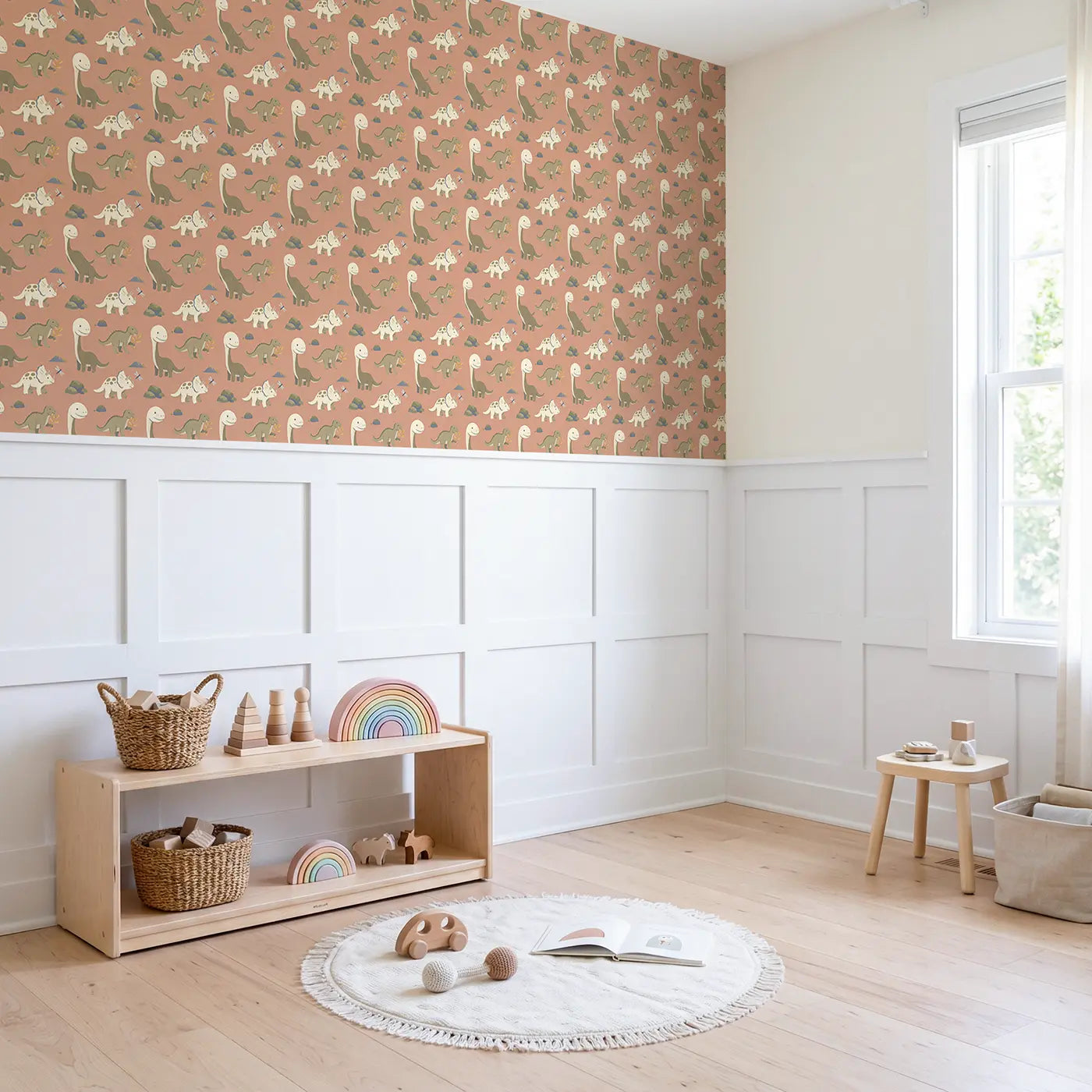 Baby Dinosaur Playing Modern Illustration wallpaper above wainscoting - Whimsy Tots