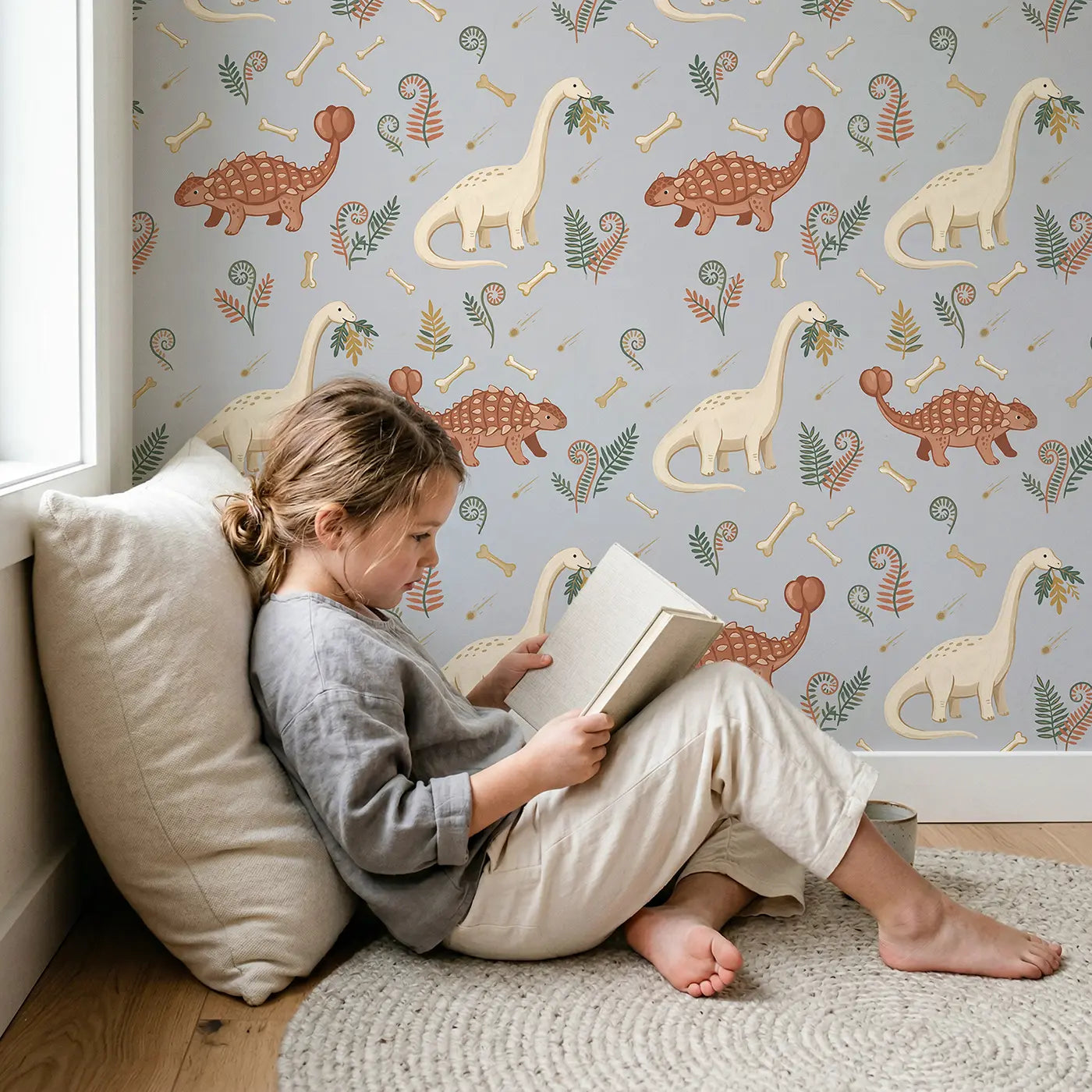 Diplodocus Stretching Modern Illustration wallpaper in styled kids room - Whimsy Tots