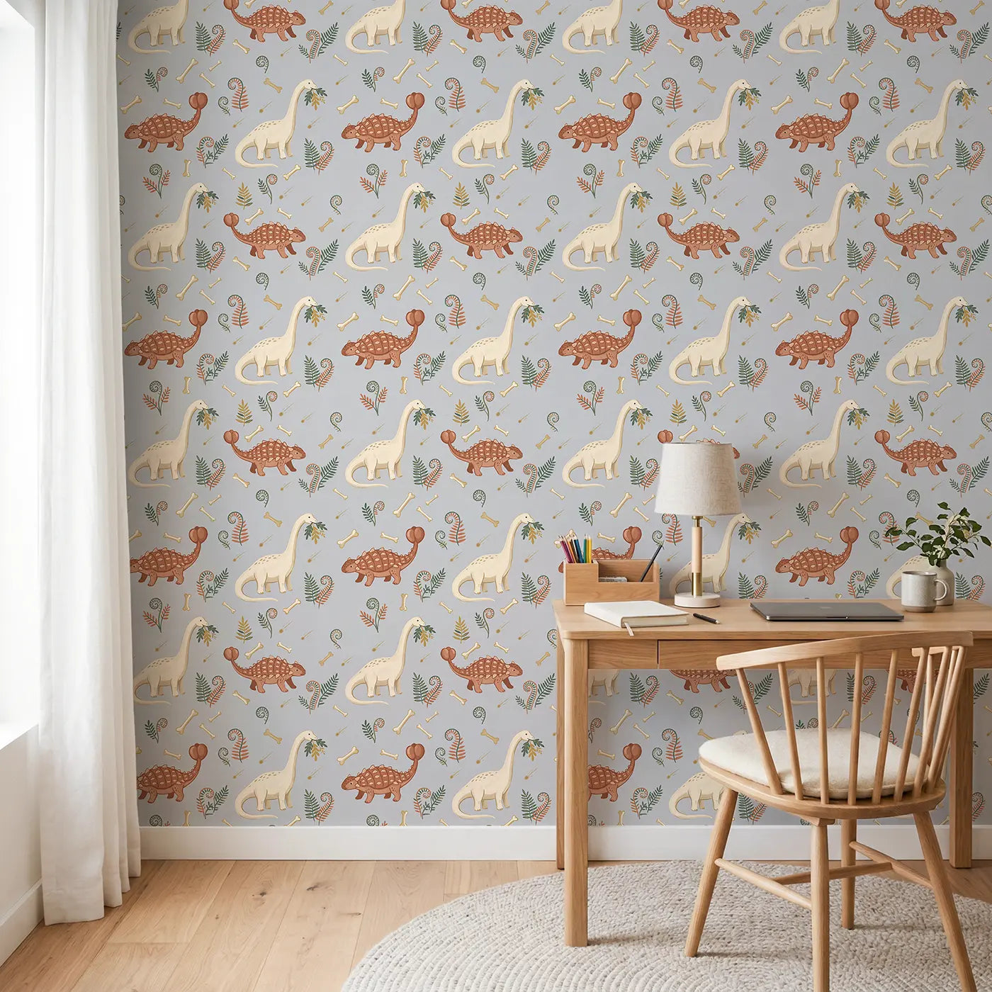 Diplodocus Stretching Modern Illustration wallpaper in Scandinavian nursery - Whimsy Tots