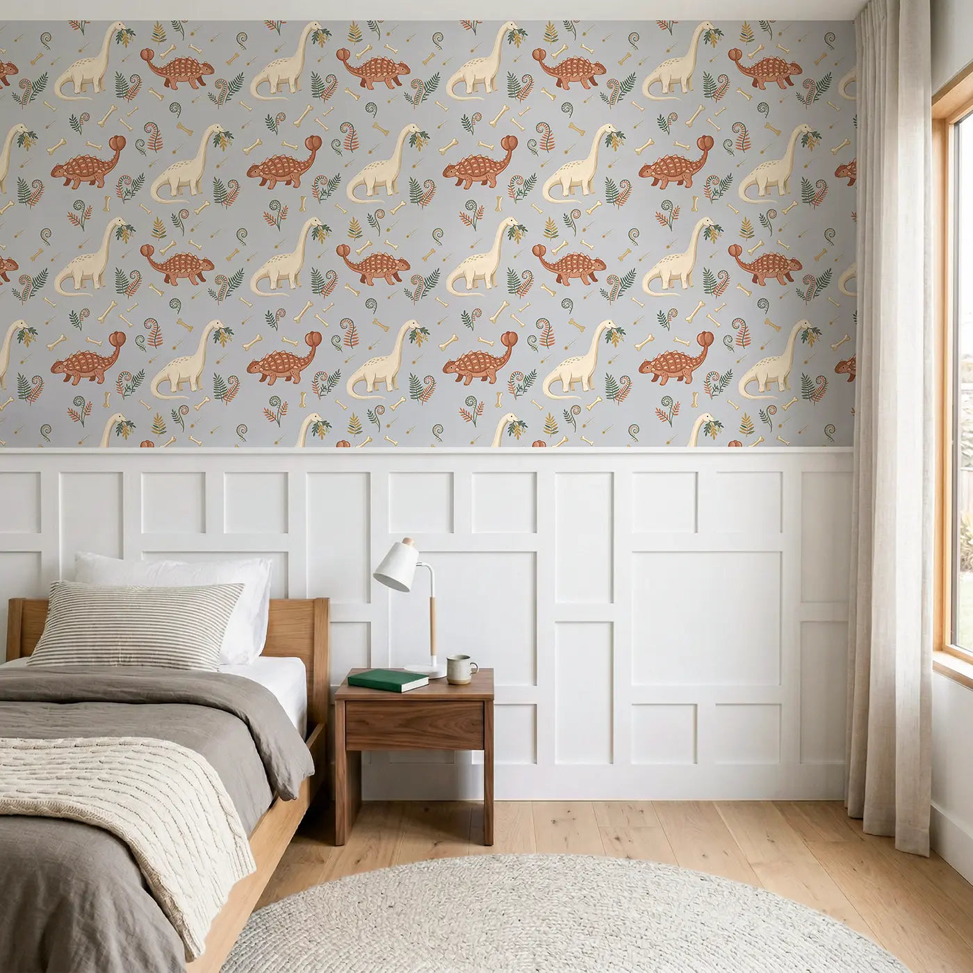 Diplodocus Stretching Modern Illustration wallpaper above wainscoting - Whimsy Tots