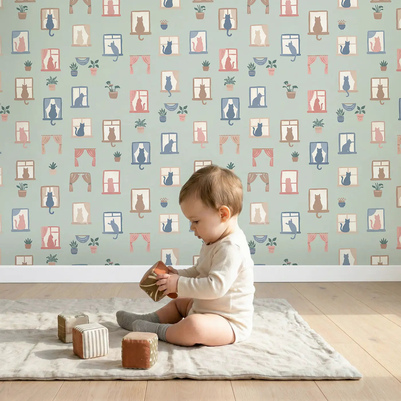 Cats Window Modern Illustration wallpaper in styled kids room - Whimsy Tots