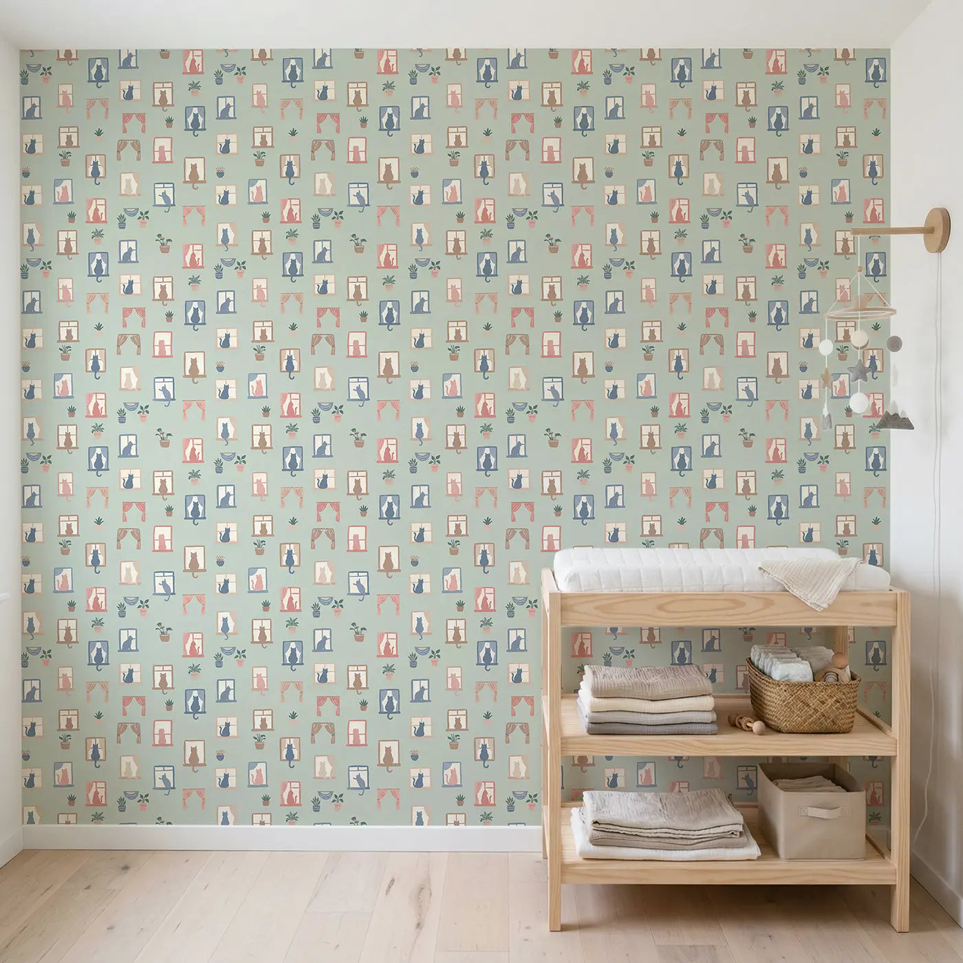 Cats Window Modern Illustration wallpaper in Scandinavian nursery - Whimsy Tots