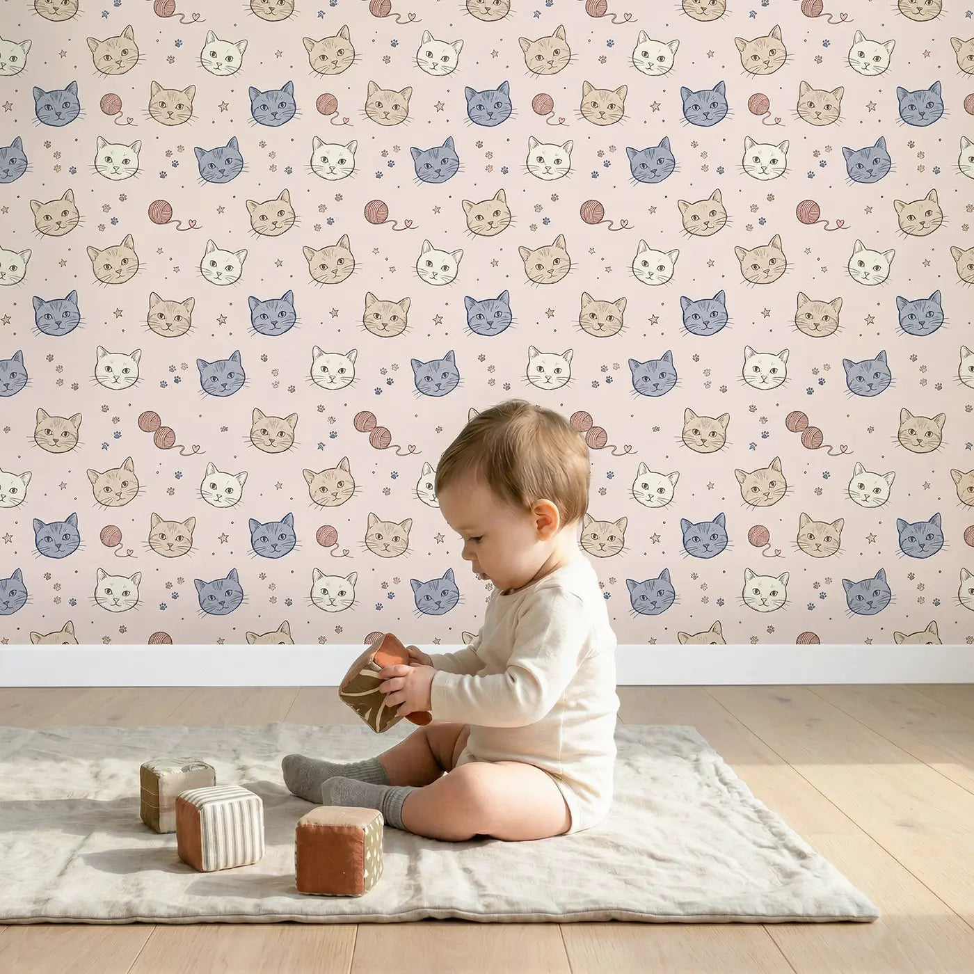 Cat Faces Hand-Drawn wallpaper in styled kids room - Whimsy Tots