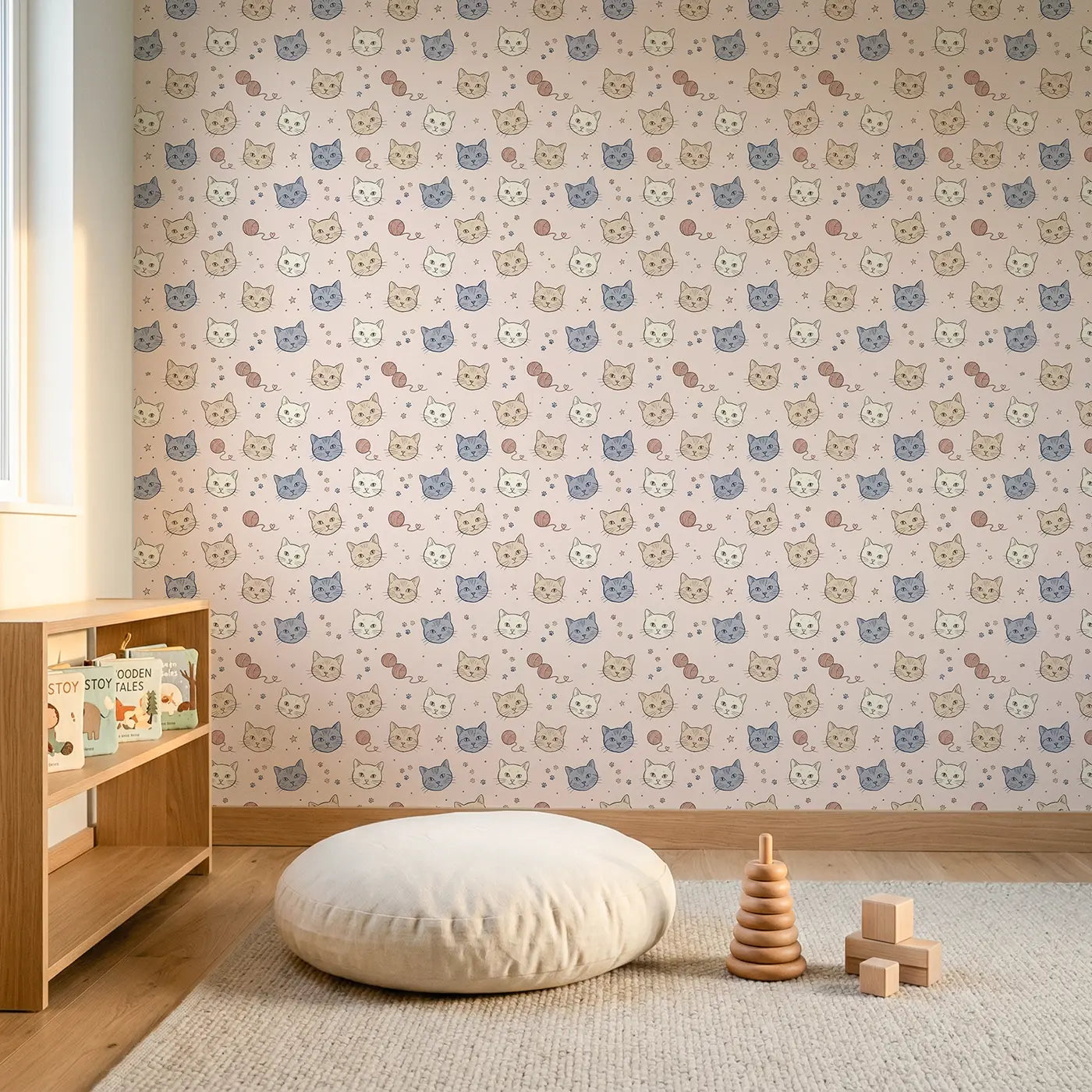 Cat Faces Hand-Drawn wallpaper in Scandinavian nursery - Whimsy Tots