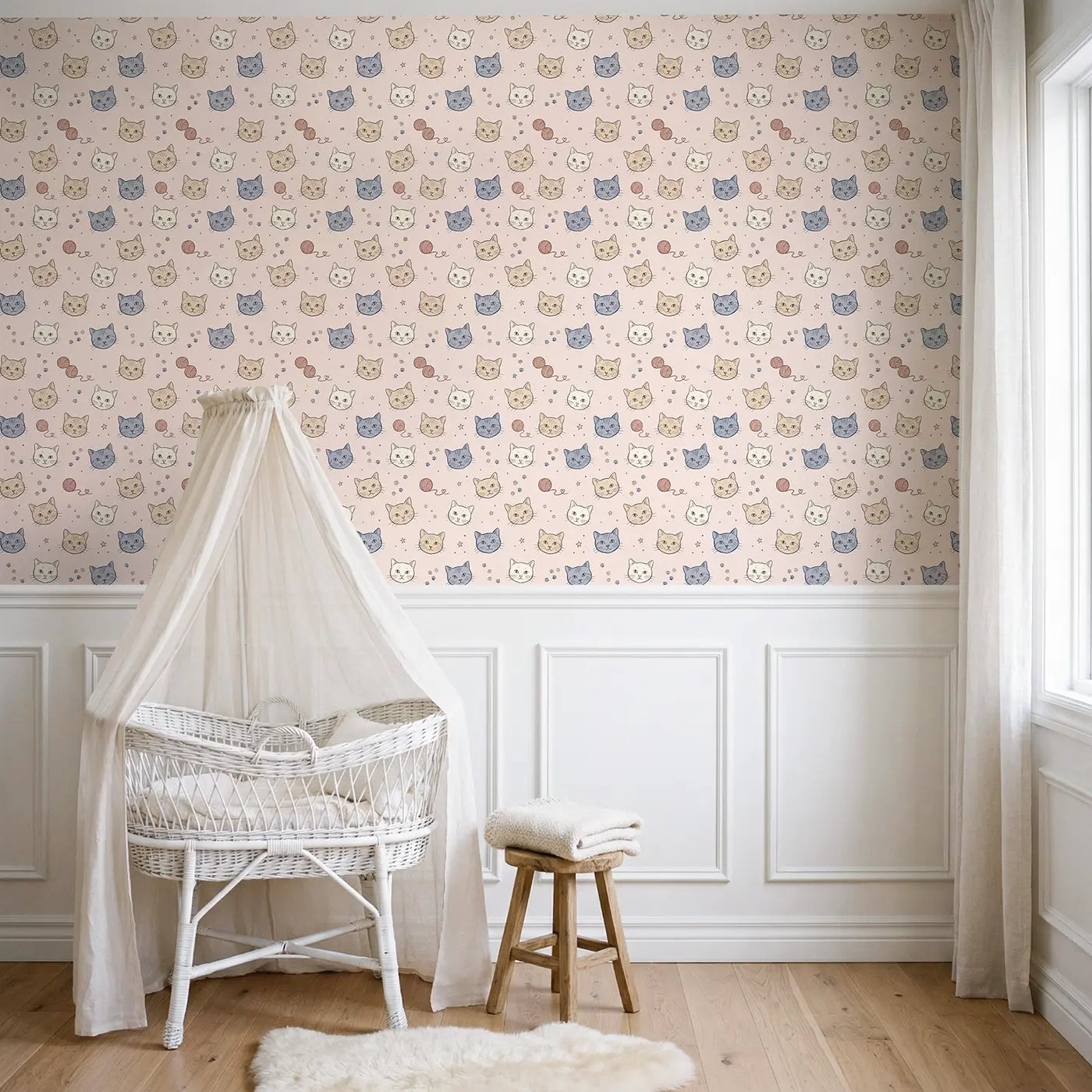 Cat Faces Hand-Drawn wallpaper above wainscoting - Whimsy Tots