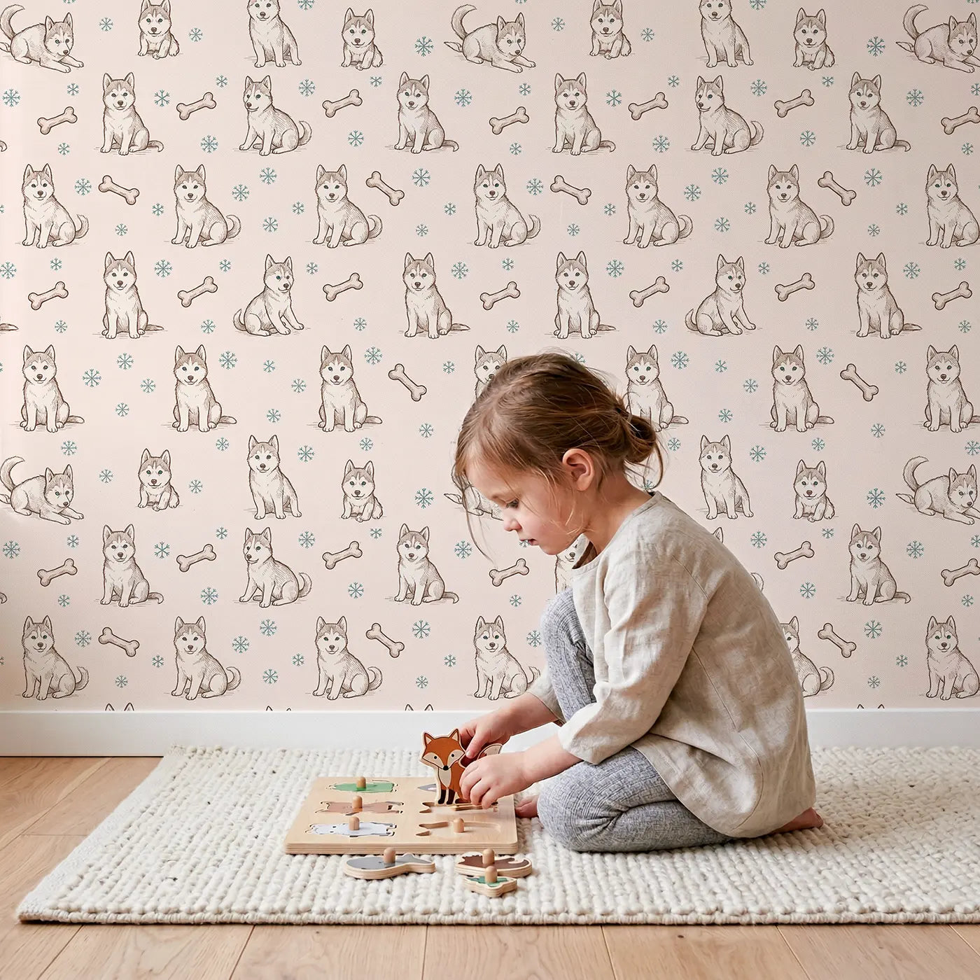Husky Puppies Hand-Drawn wallpaper in styled kids room - Whimsy Tots