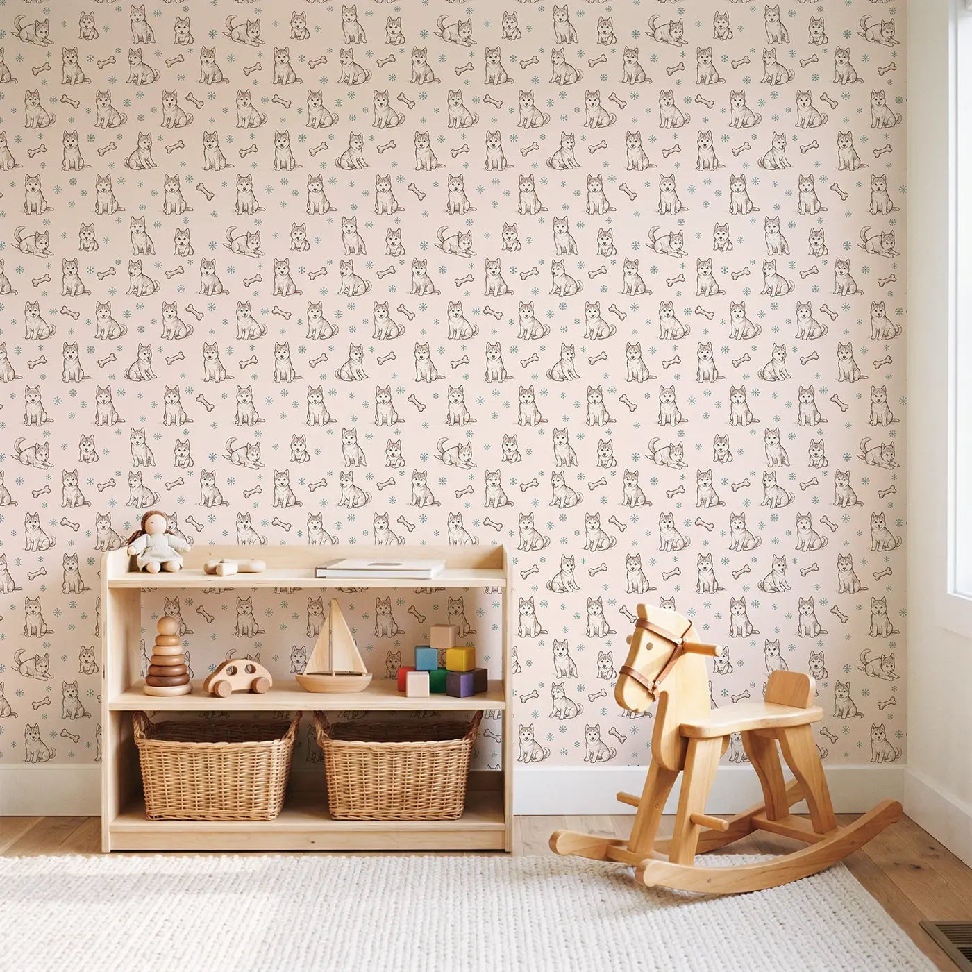 Husky Puppies Hand-Drawn wallpaper in Scandinavian nursery - Whimsy Tots