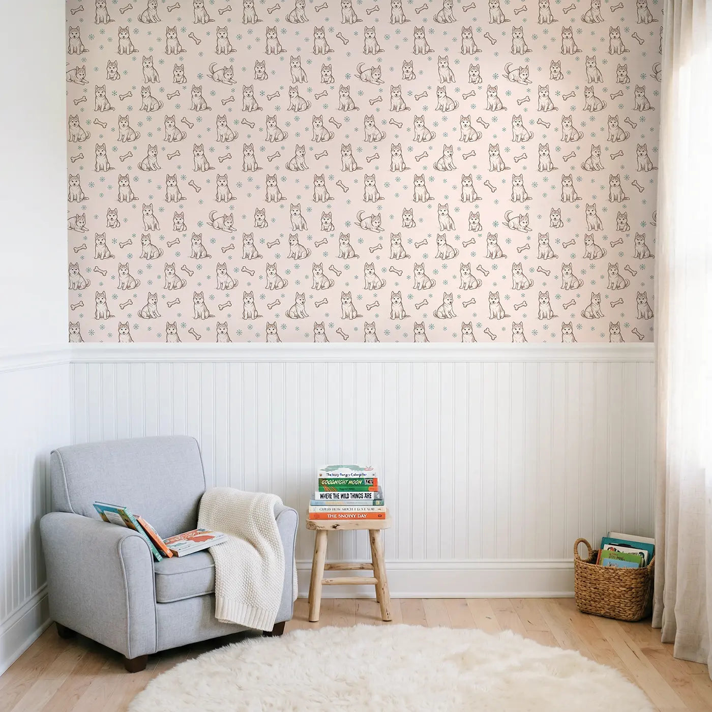 Husky Puppies Hand-Drawn wallpaper above wainscoting - Whimsy Tots