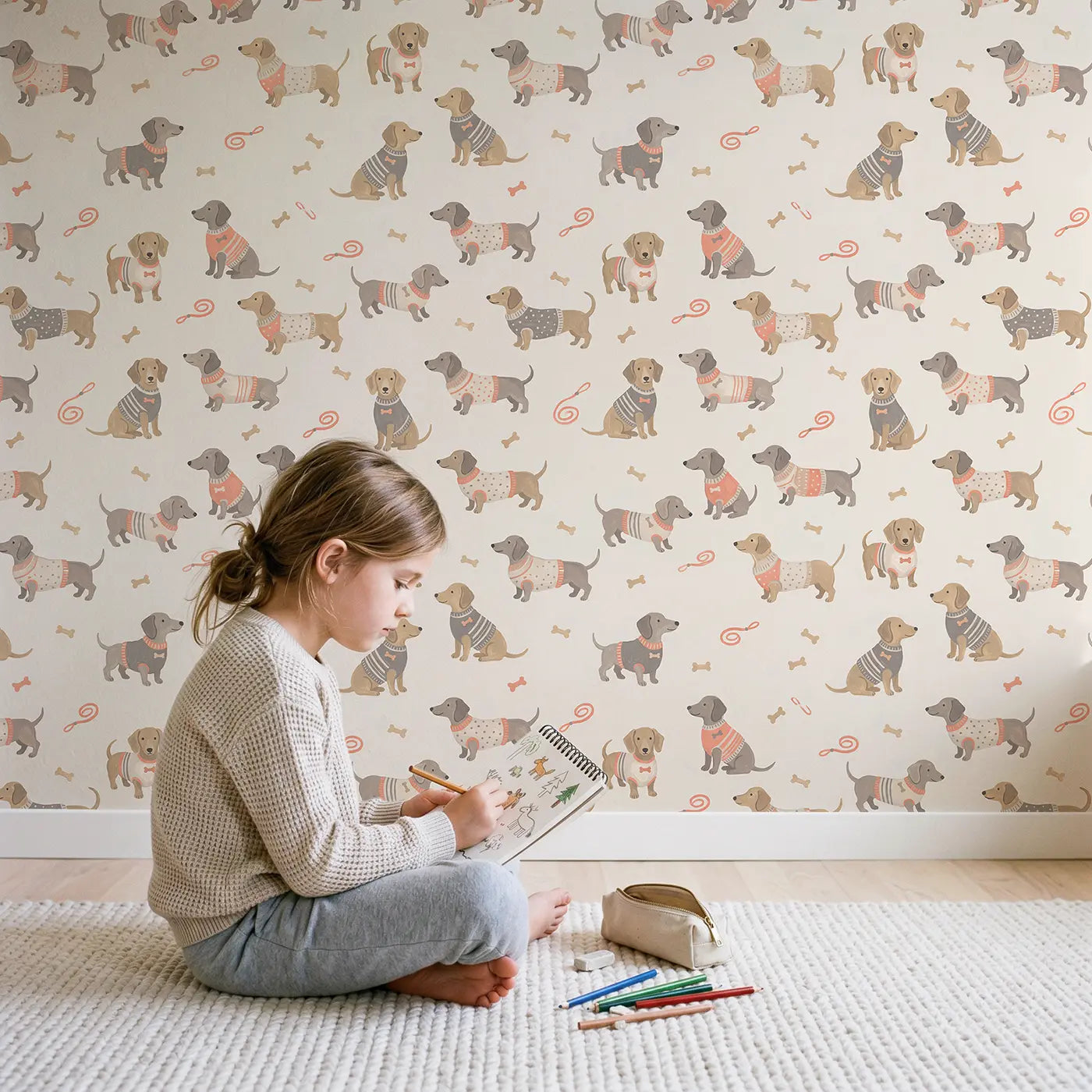 Dachshund Dogs Modern Illustration wallpaper in styled kids room - Whimsy Tots
