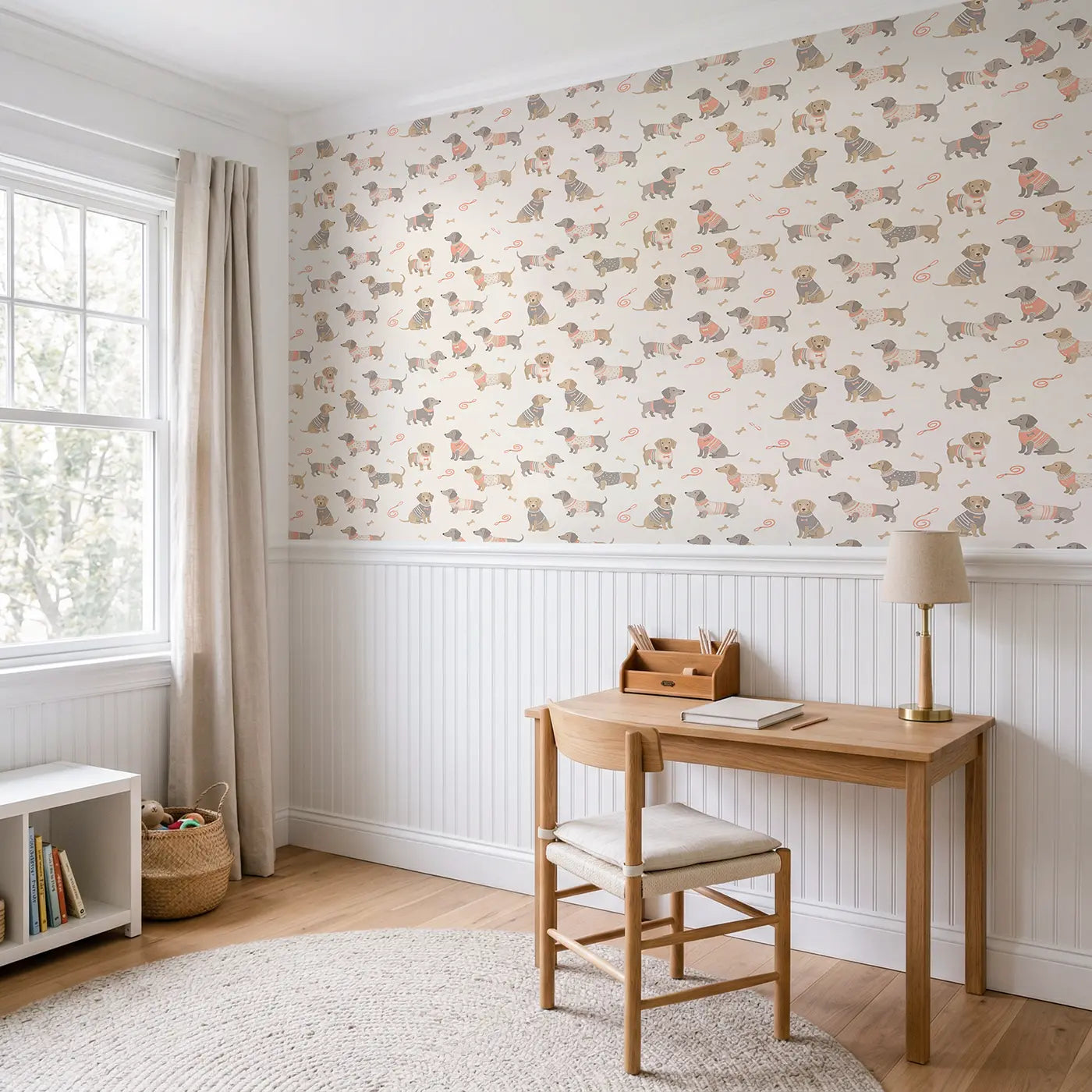 Dachshund Dogs Modern Illustration wallpaper above wainscoting - Whimsy Tots
