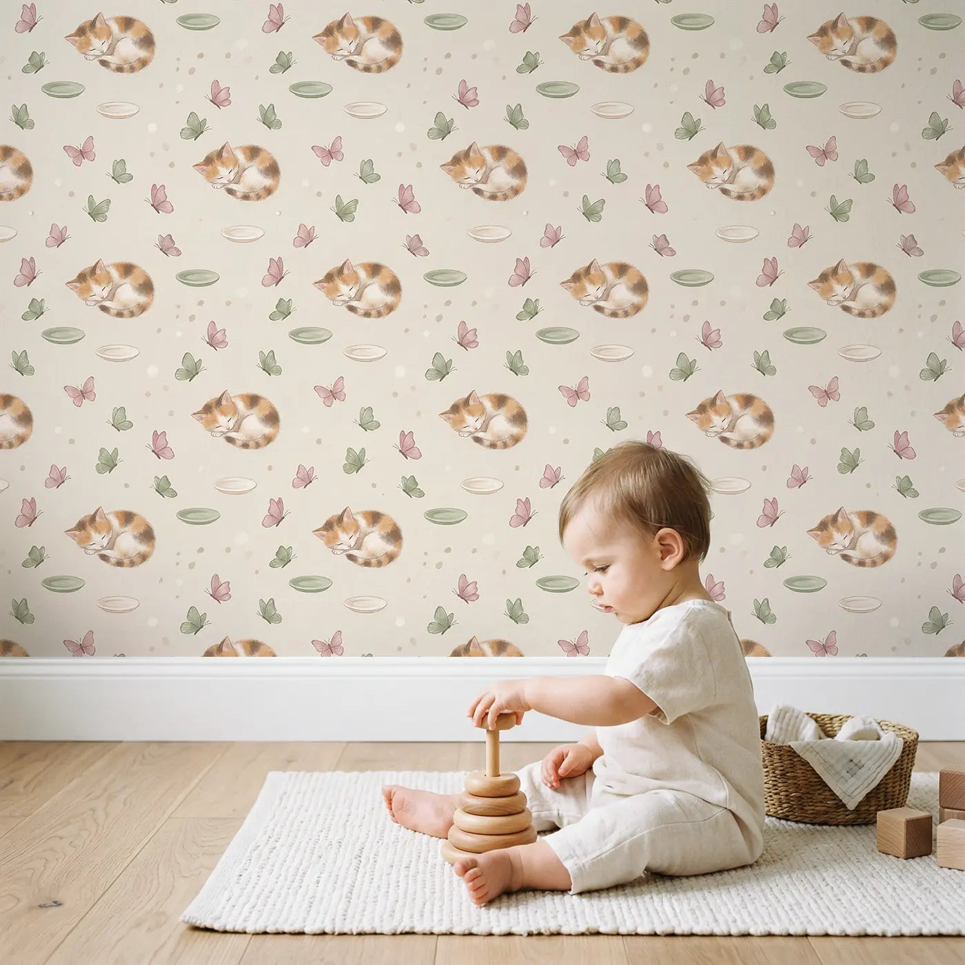 Calico Kittens Soft Pastel wallpaper in styled kids room - Whimsy Tots