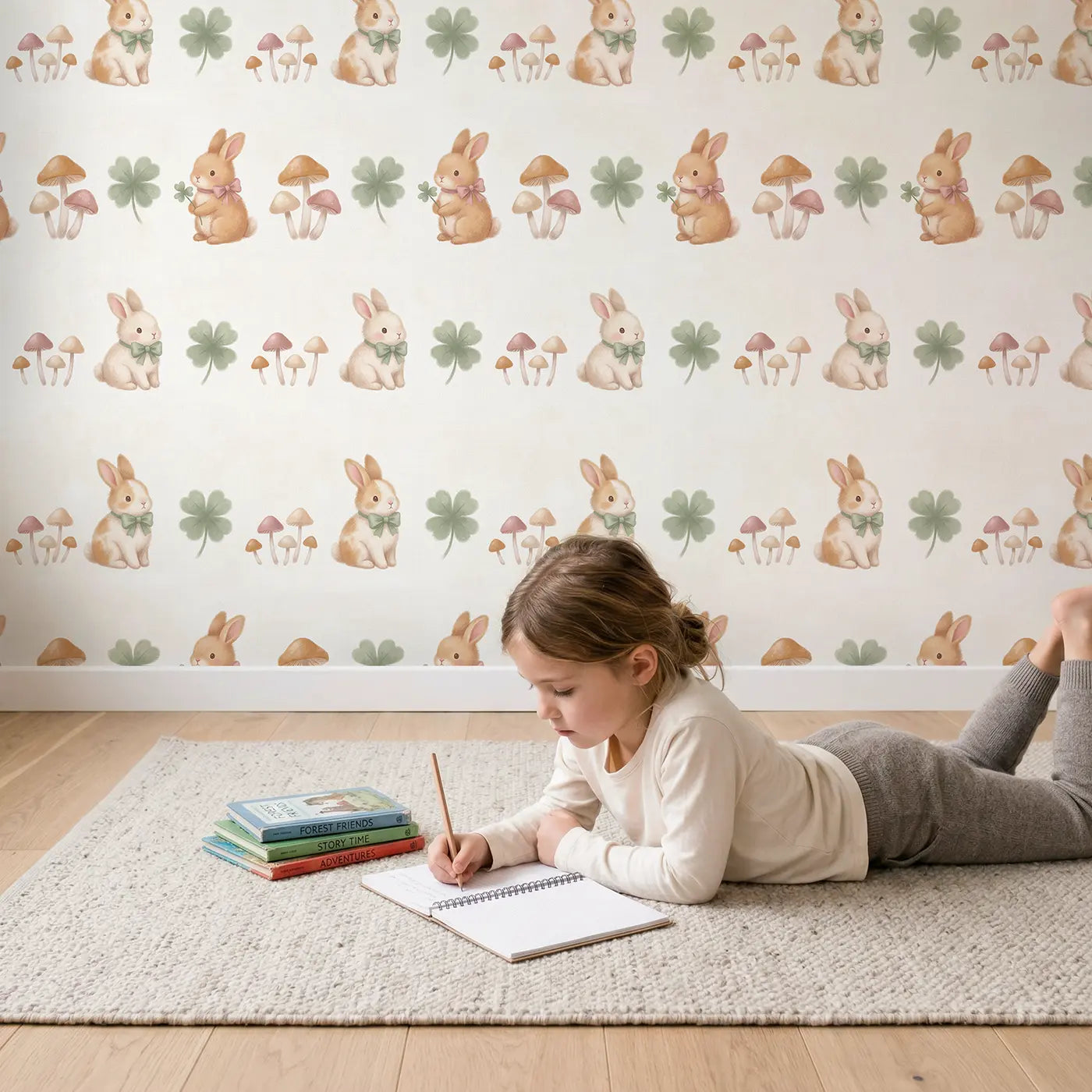 Bunnies Bow Soft Pastel wallpaper in styled kids room - Whimsy Tots