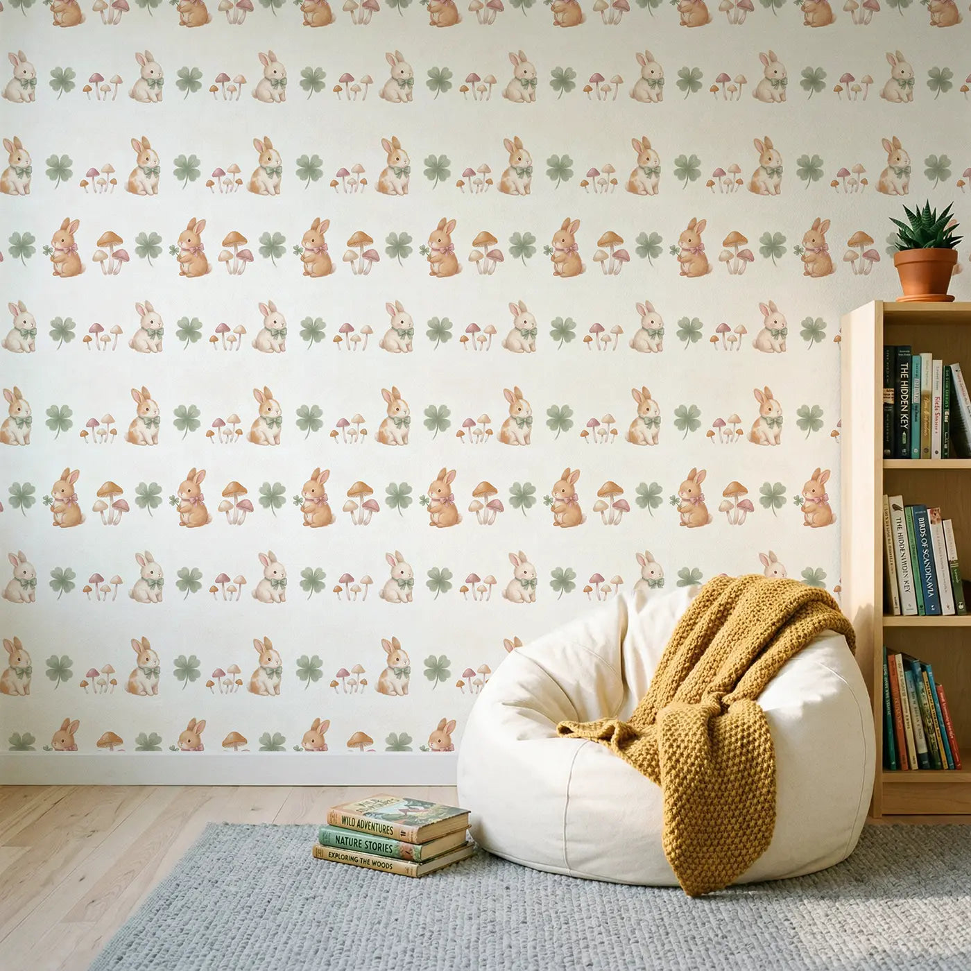 Bunnies Bow Soft Pastel wallpaper in Scandinavian nursery - Whimsy Tots