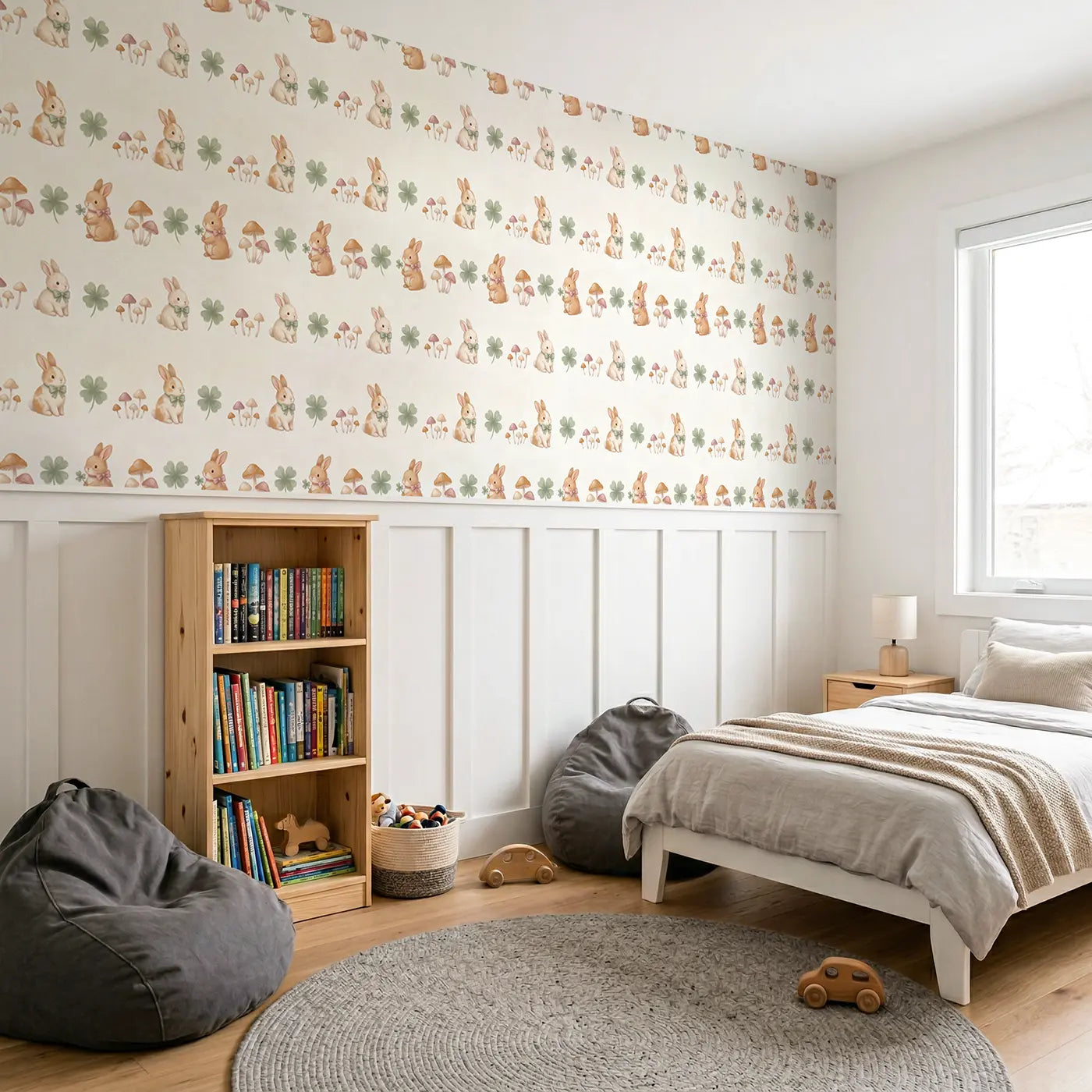 Bunnies Bow Soft Pastel wallpaper above wainscoting - Whimsy Tots