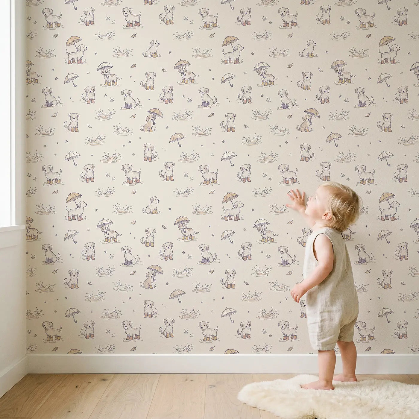 Dogs Rain Hand-Drawn wallpaper in styled kids room - Whimsy Tots