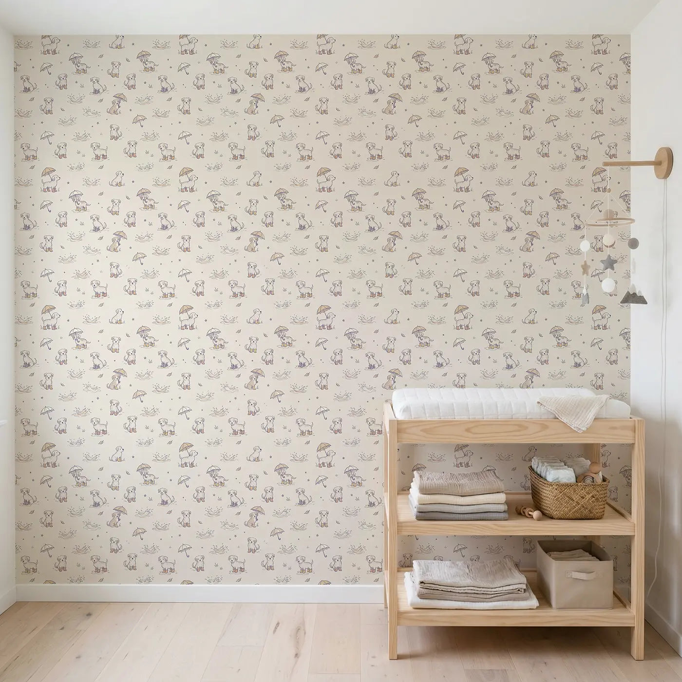 Dogs Rain Hand-Drawn wallpaper in Scandinavian nursery - Whimsy Tots