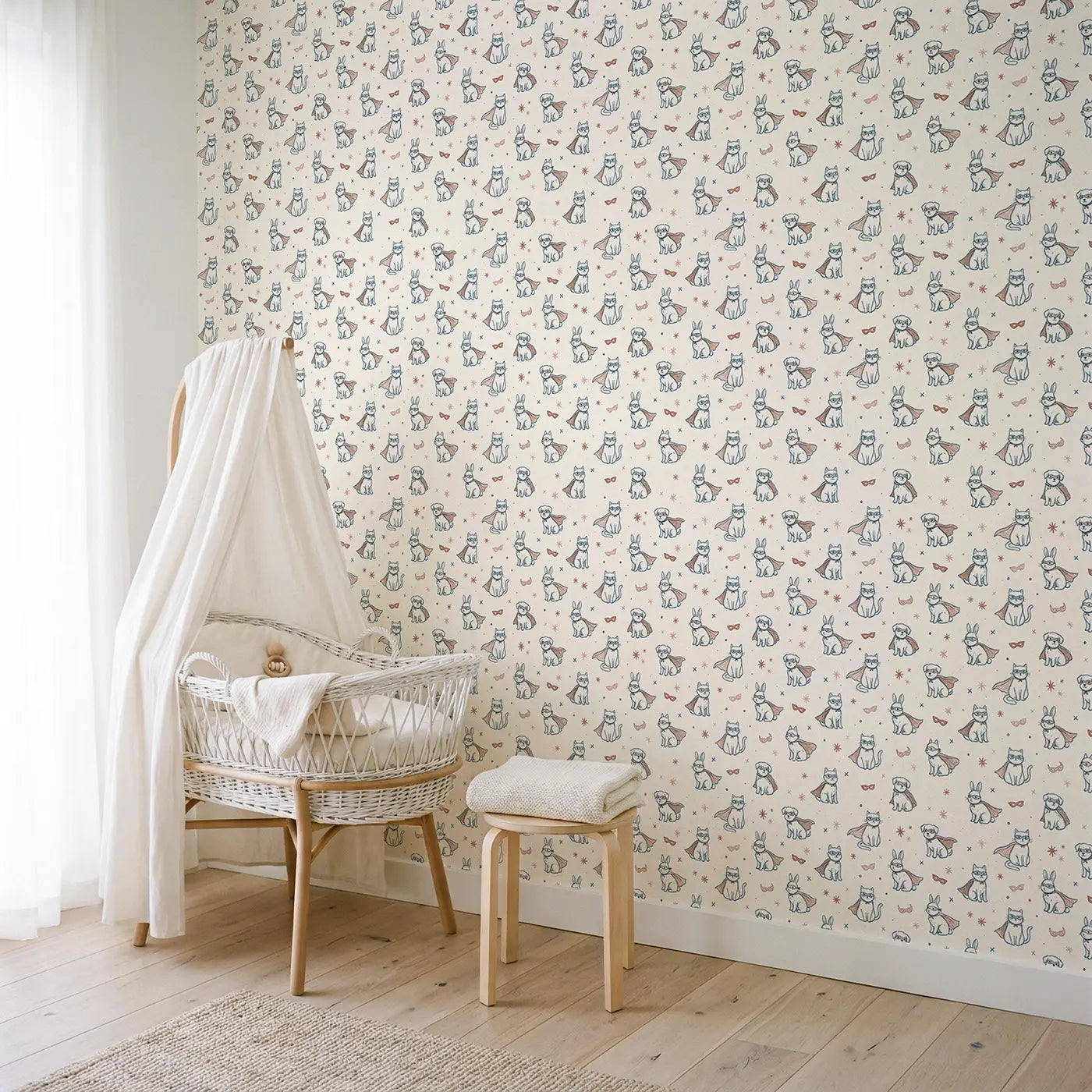 Pets Superhero Hand-Drawn wallpaper in Scandinavian nursery - Whimsy Tots
