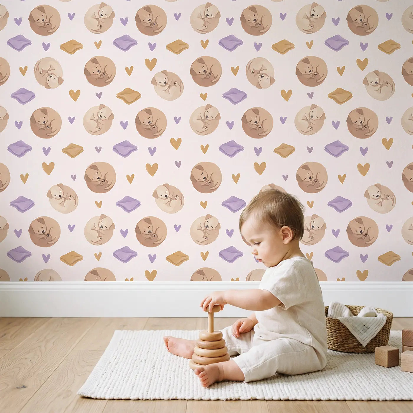 Sleeping Puppies Modern Illustration wallpaper in styled kids room - Whimsy Tots