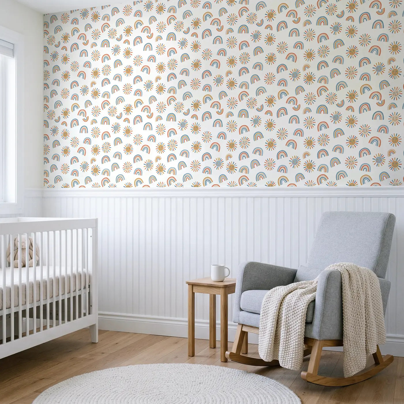 Sun Faces Modern Illustration wallpaper above wainscoting - Whimsy Tots