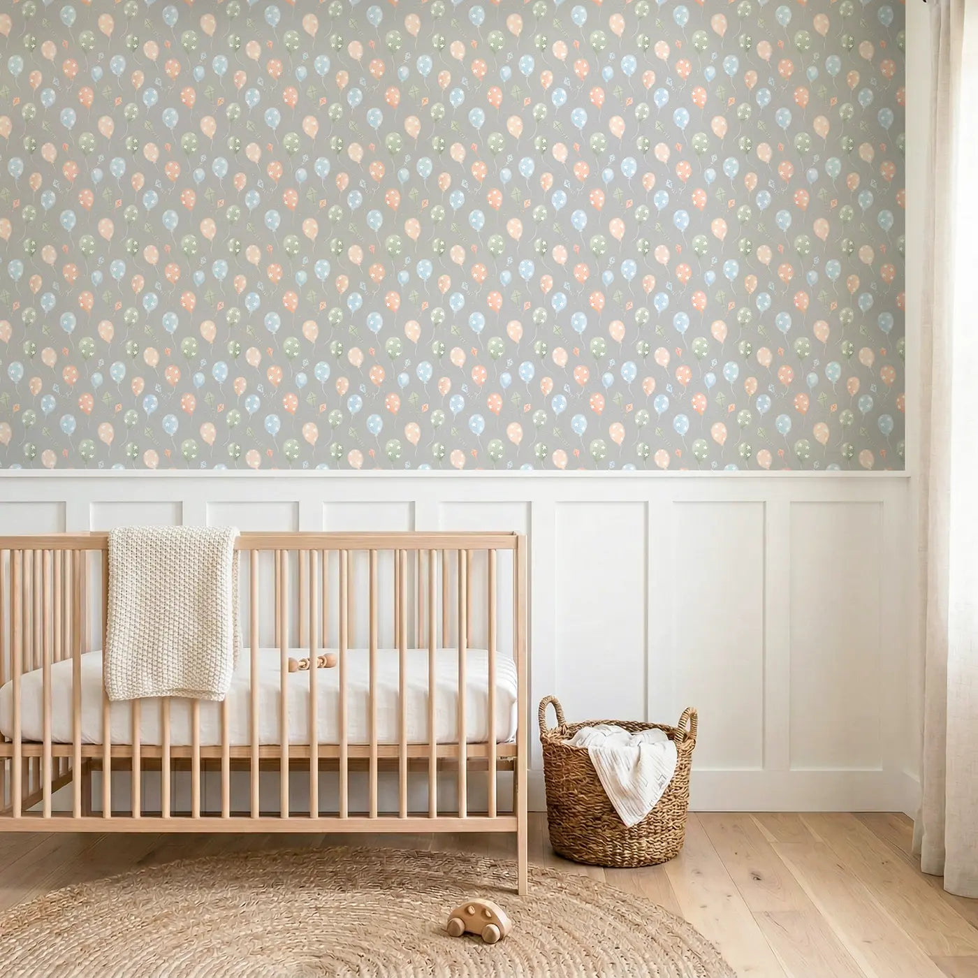 Whimsical Balloon Soft Pastel wallpaper above wainscoting - Whimsy Tots