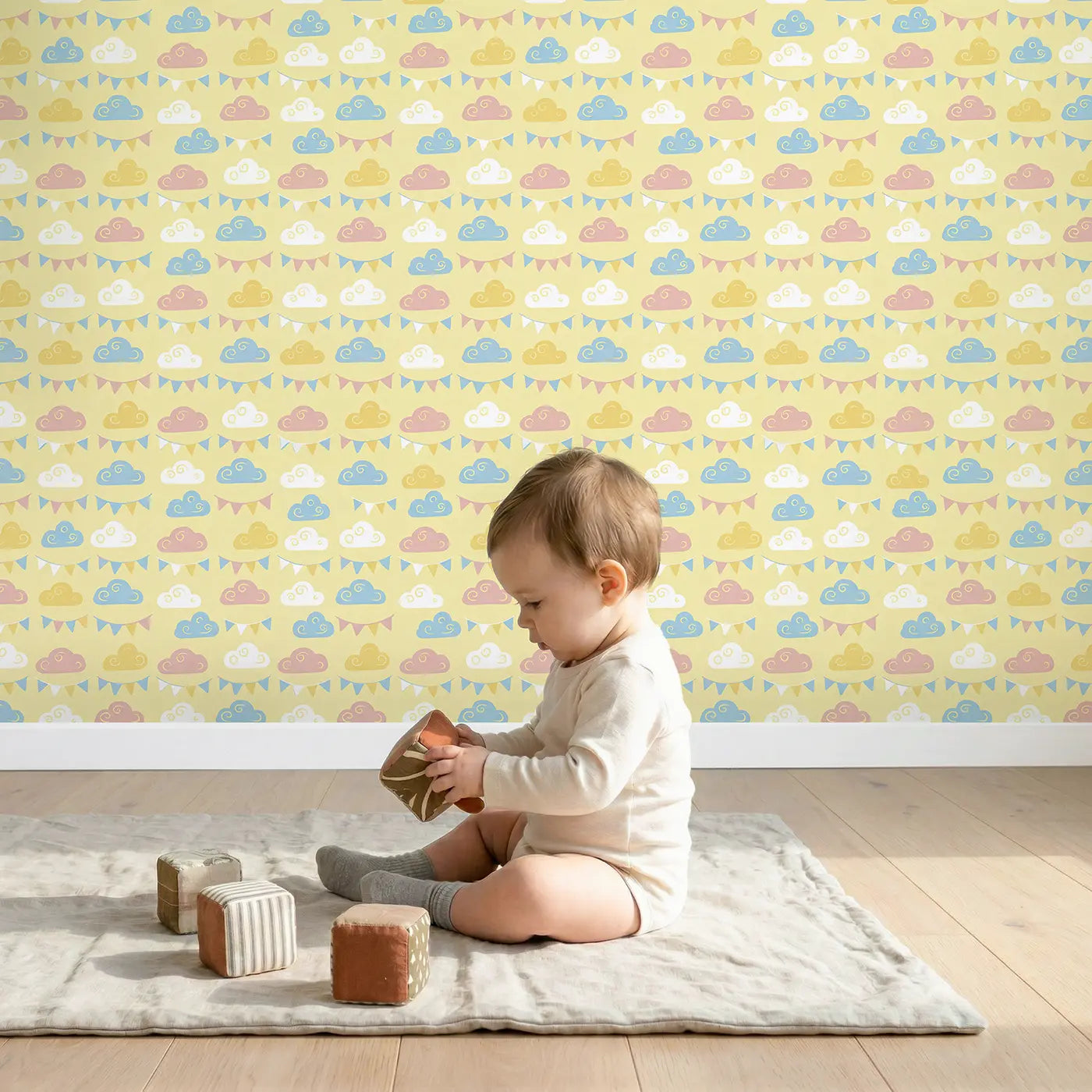 Dreamy Cloud Modern Illustration wallpaper in styled kids room - Whimsy Tots