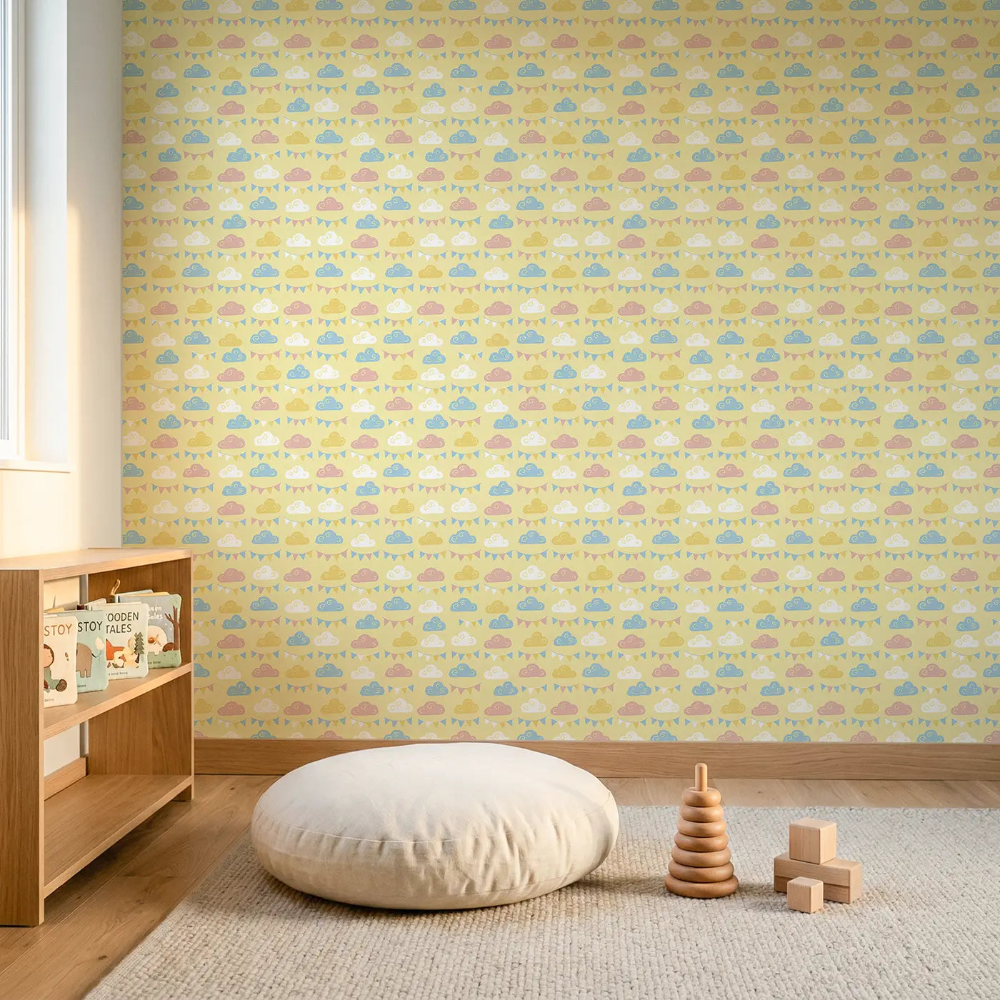 Dreamy Cloud Modern Illustration wallpaper in Scandinavian nursery - Whimsy Tots