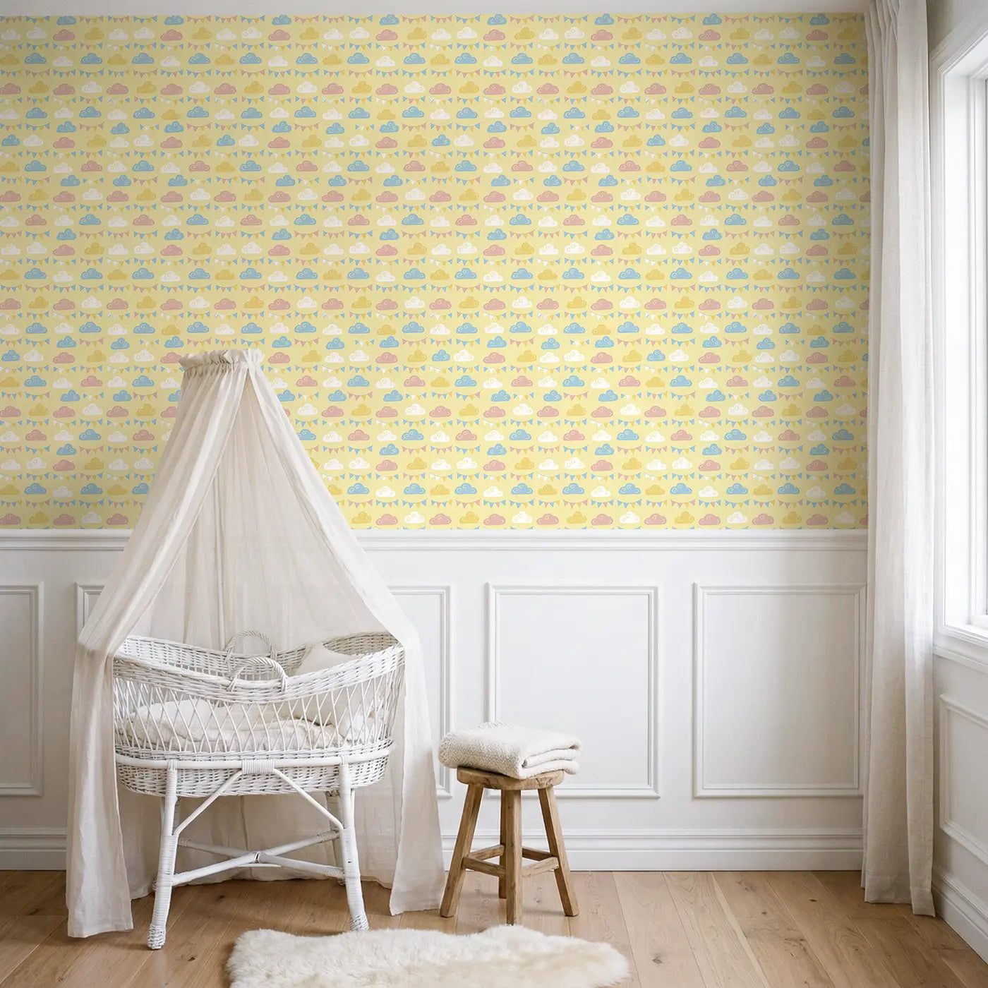 Dreamy Cloud Modern Illustration wallpaper above wainscoting - Whimsy Tots