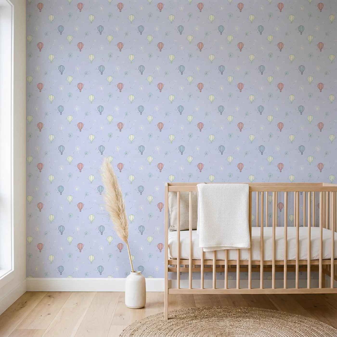Hot Air Balloons Hand-Drawn wallpaper in Scandinavian nursery - Whimsy Tots