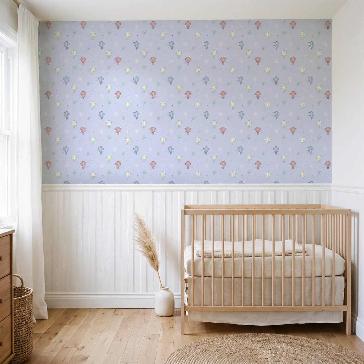 Hot Air Balloons Hand-Drawn wallpaper above wainscoting - Whimsy Tots