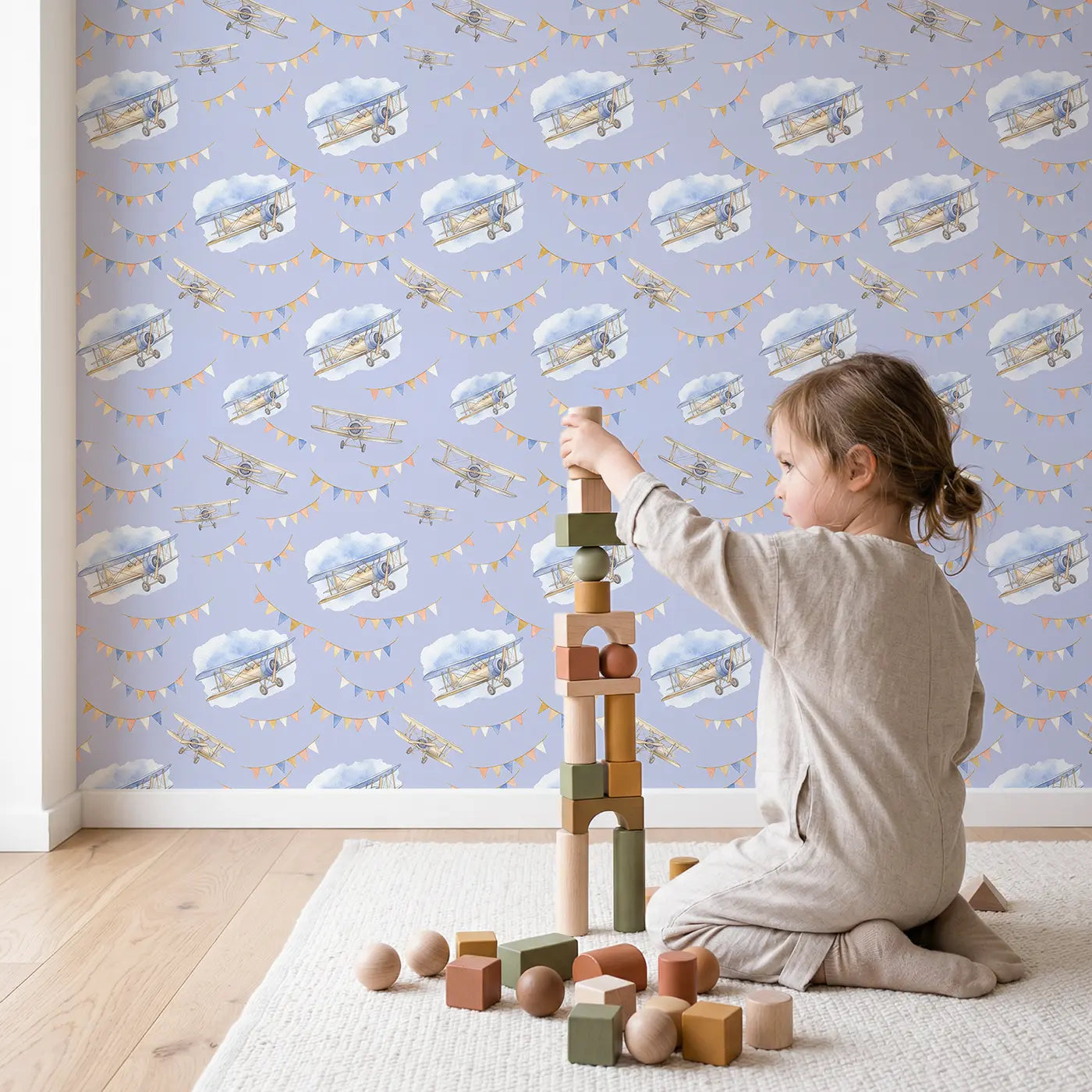 Vintage Biplanes Banking Watercolor wallpaper in styled kids room - Whimsy Tots