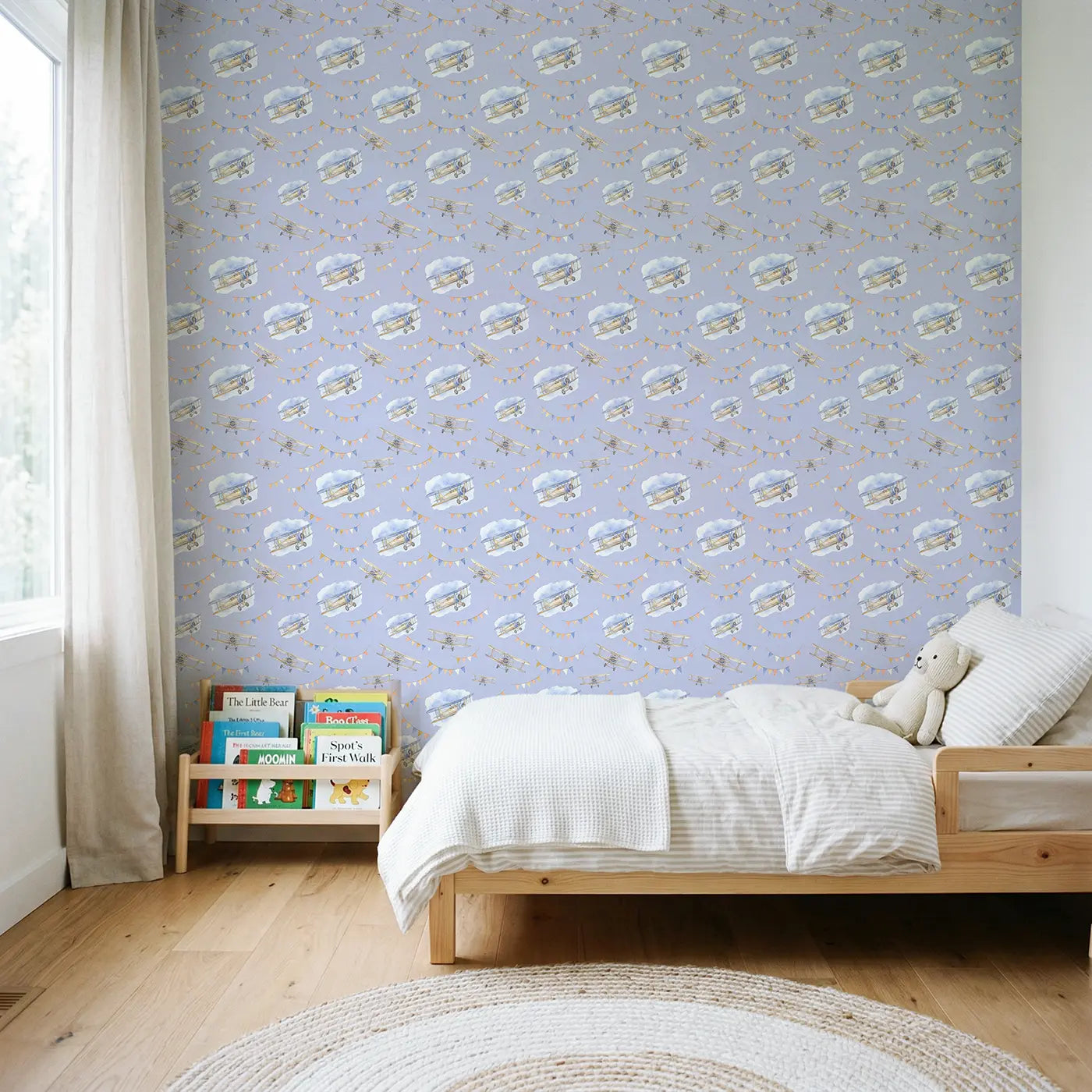 Vintage Biplanes Banking Watercolor wallpaper in Scandinavian nursery - Whimsy Tots