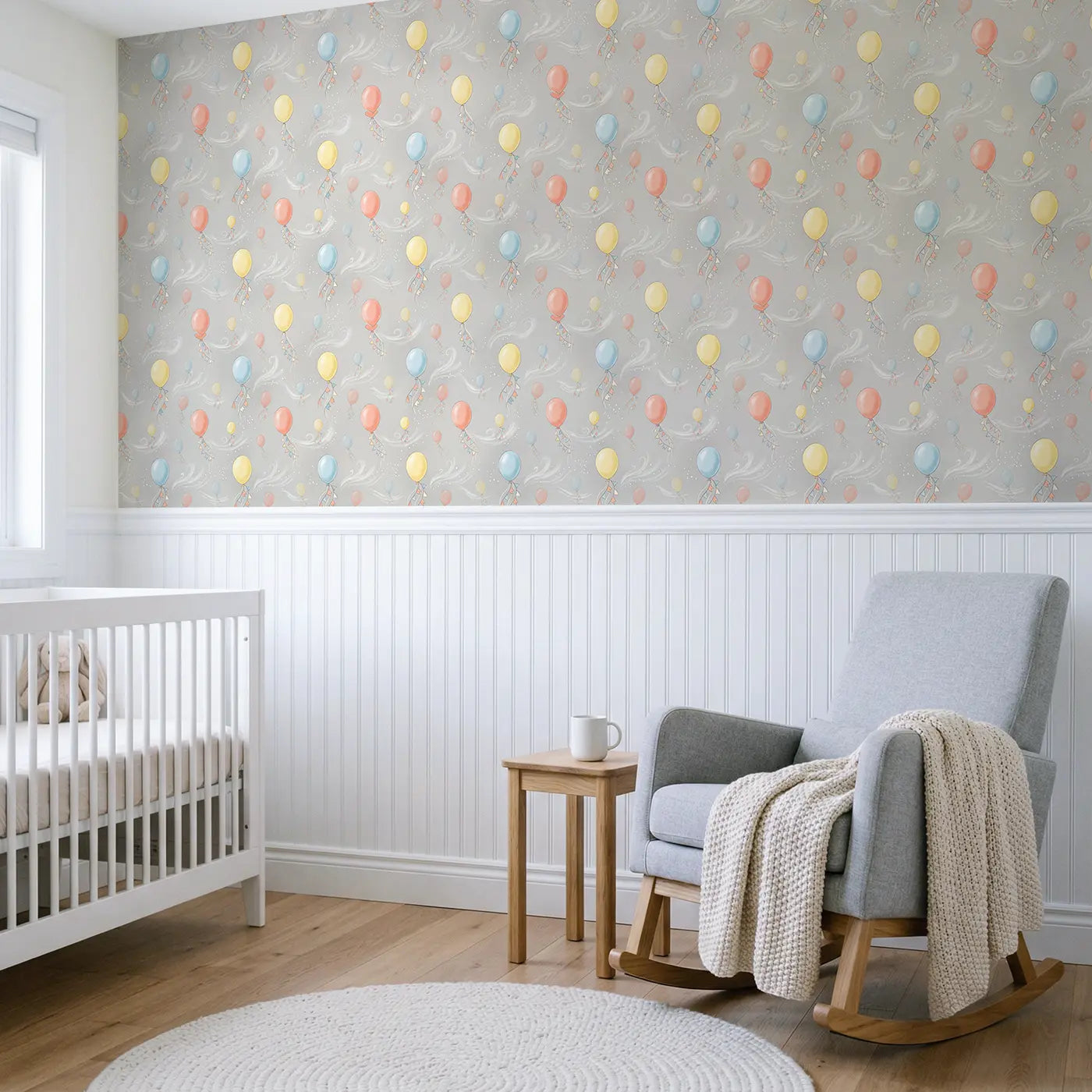 Single Balloon Soft Pastel wallpaper above wainscoting - Whimsy Tots
