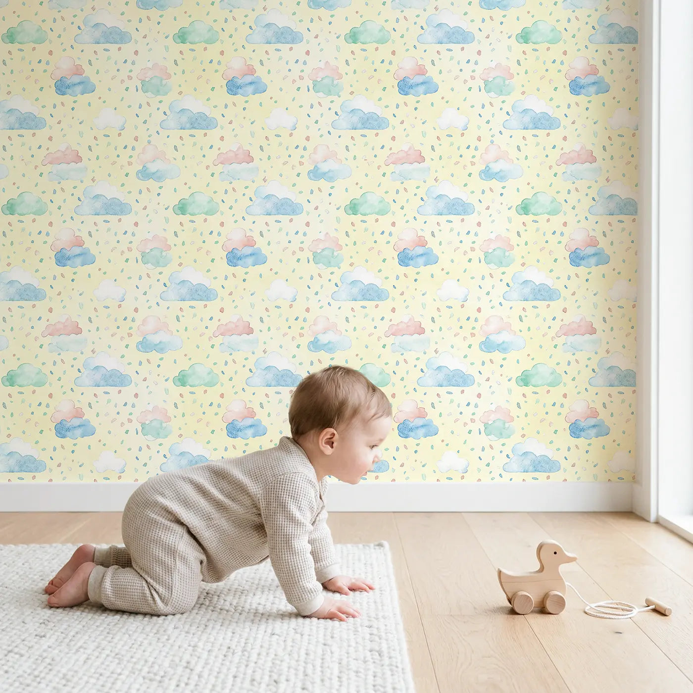 Stacked Puffy Cloud Watercolor wallpaper in styled kids room - Whimsy Tots