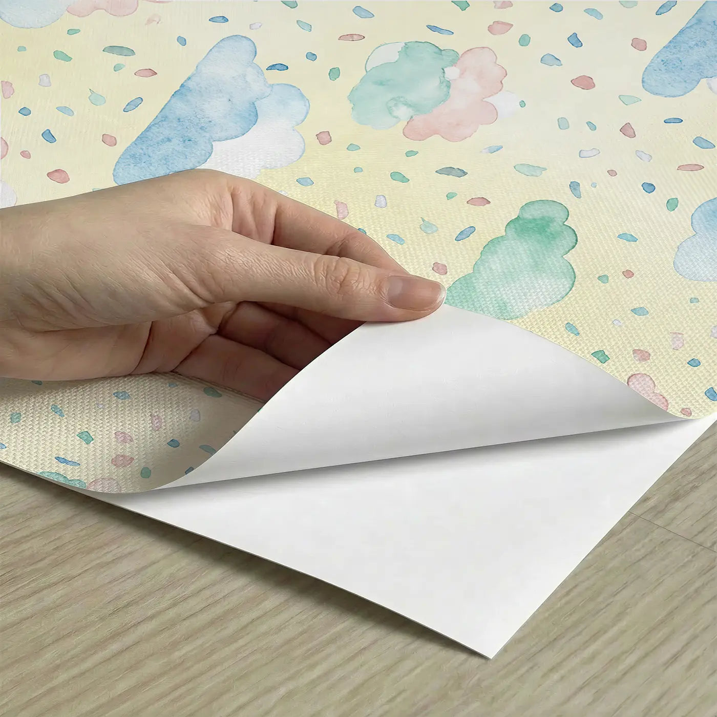 Stacked Puffy Cloud Watercolor peel and stick material close-up - Whimsy Tots