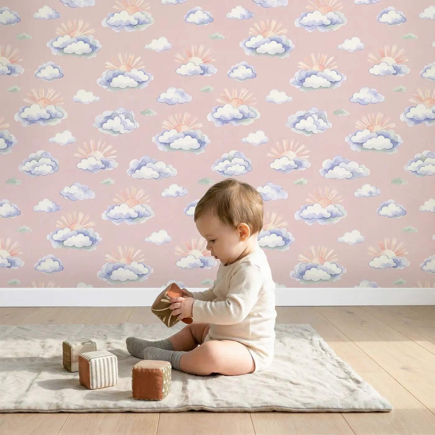 Stacked Puffy Cloud Watercolor II wallpaper in styled kids room - Whimsy Tots