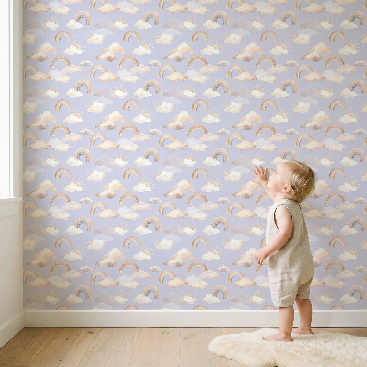 Clouds Sun Rays Watercolor wallpaper in styled kids room - Whimsy Tots
