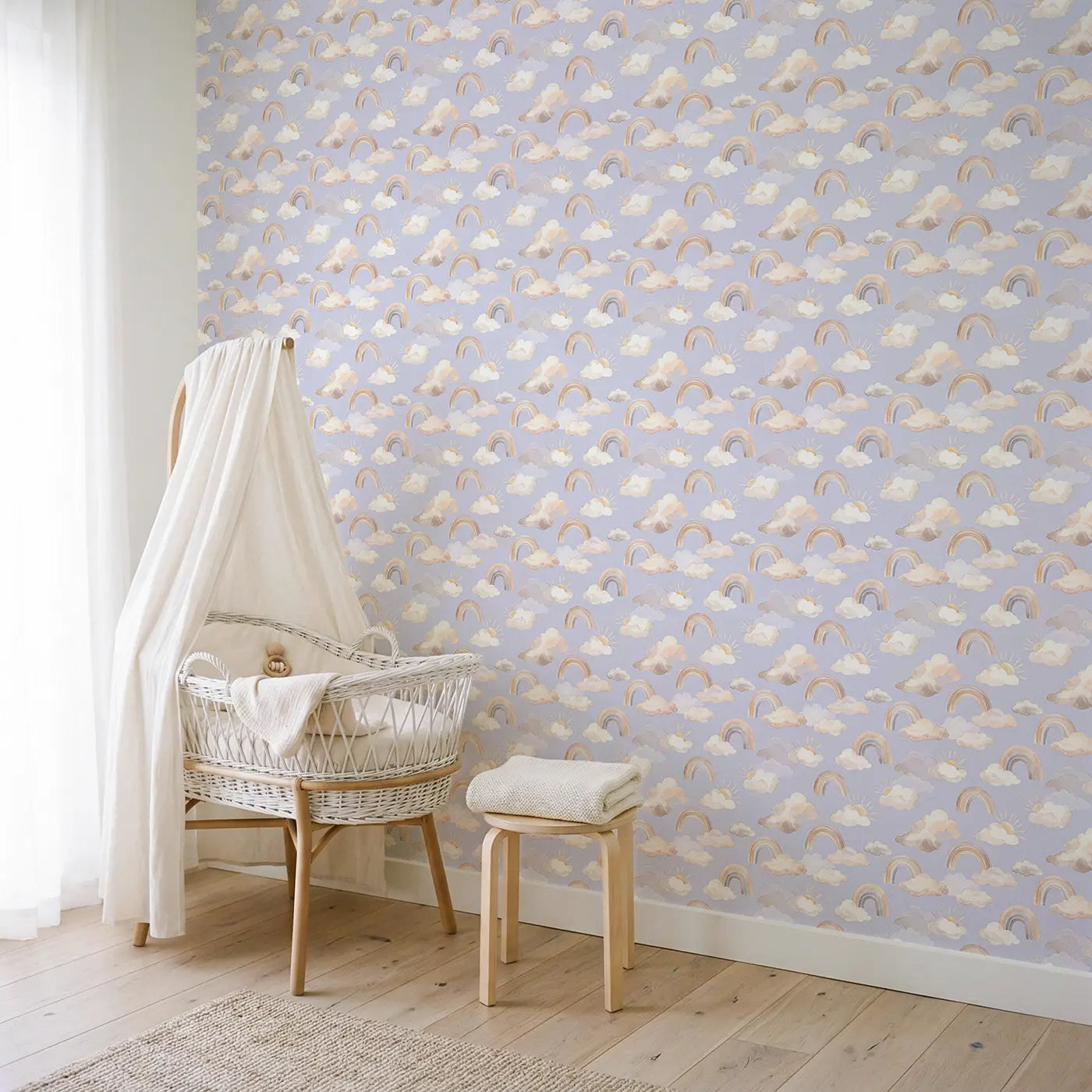 Clouds Sun Rays Watercolor wallpaper in Scandinavian nursery - Whimsy Tots