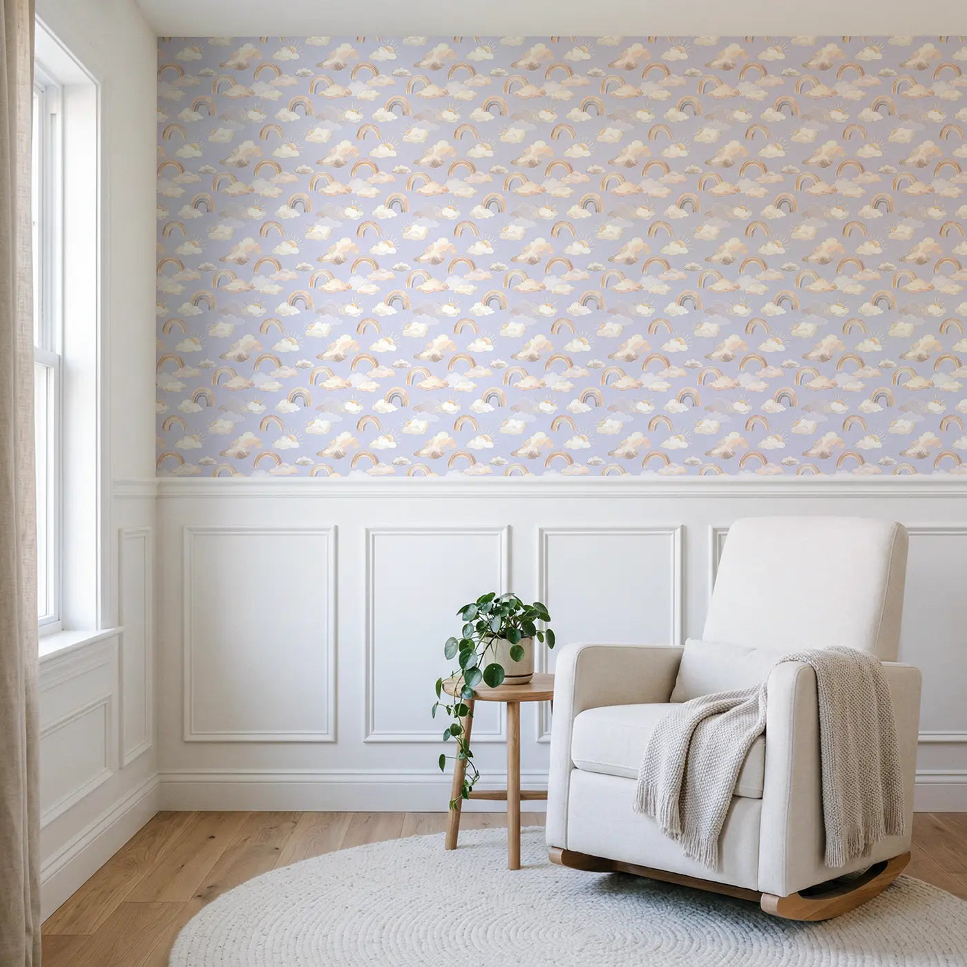 Clouds Sun Rays Watercolor wallpaper above wainscoting - Whimsy Tots