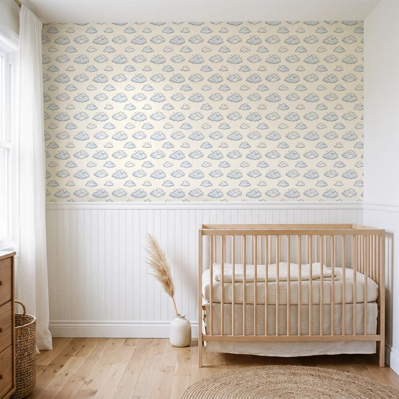 Cloud Clusters Hand-Drawn wallpaper above wainscoting - Whimsy Tots