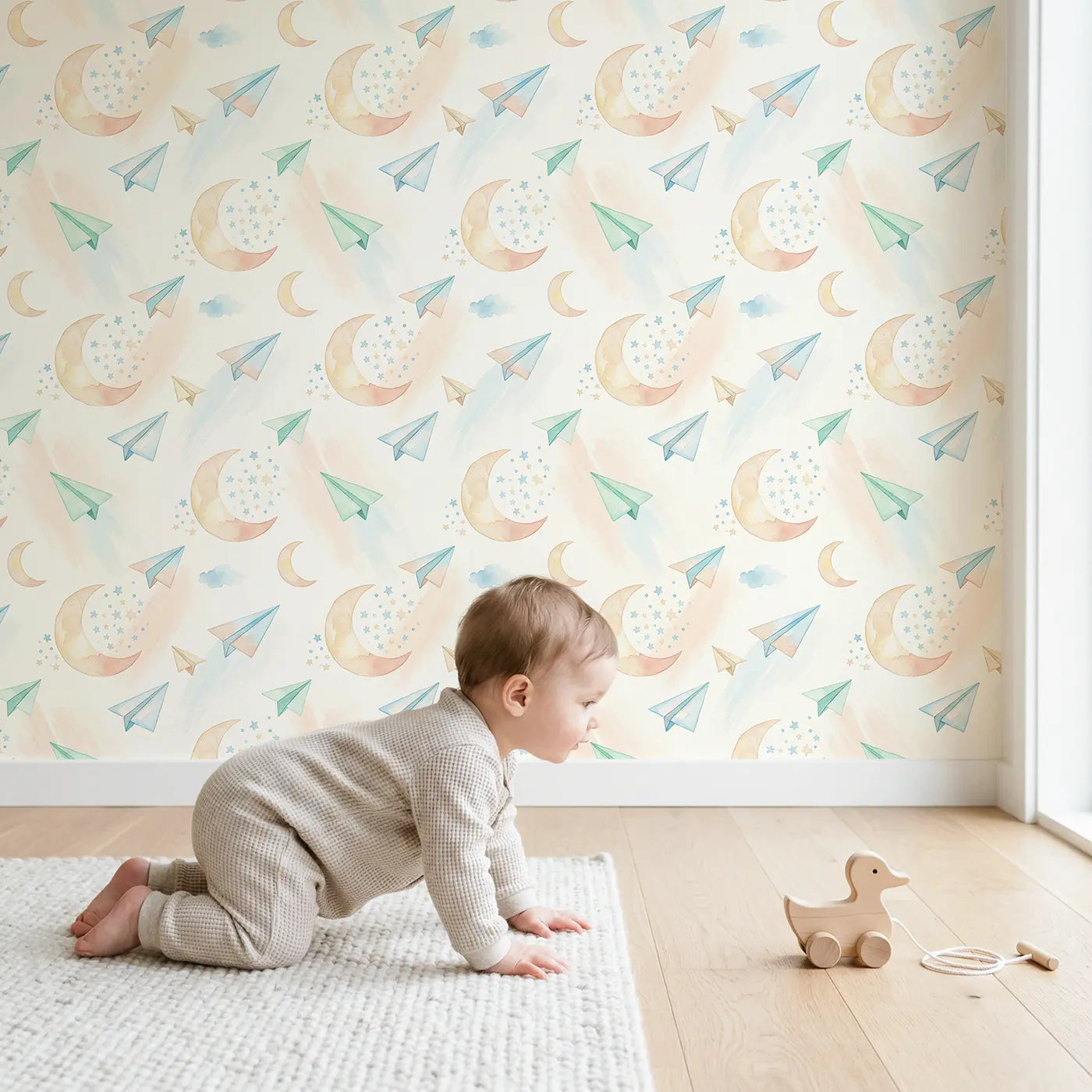 Crescent Moons Star Watercolor wallpaper in styled kids room - Whimsy Tots