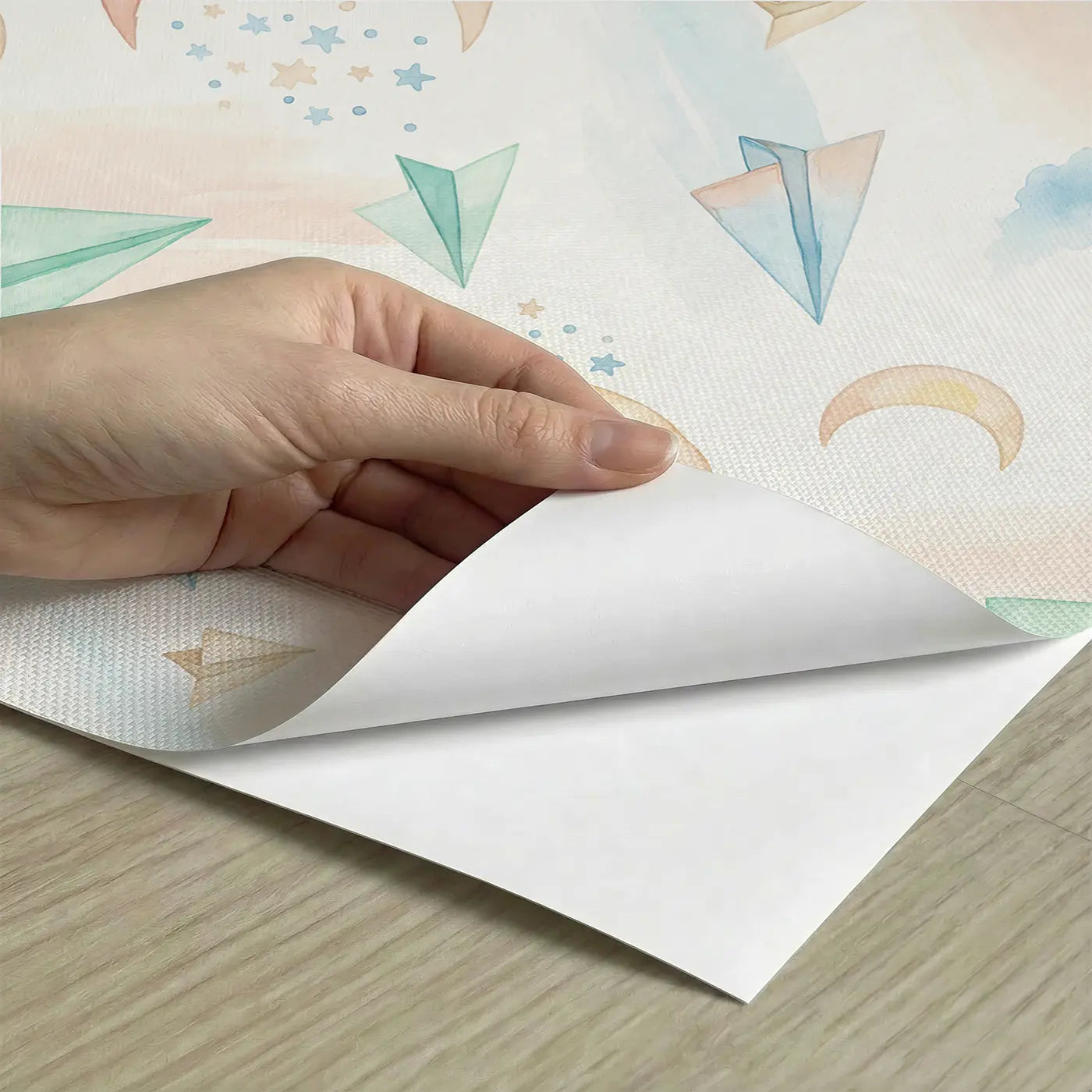 Crescent Moons Star Watercolor peel and stick material close-up - Whimsy Tots
