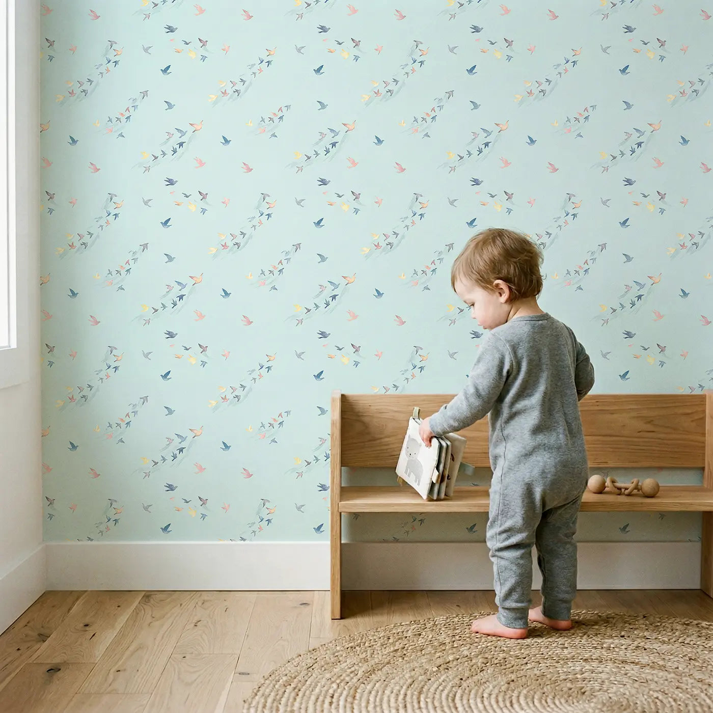 Tiny Birds Watercolor wallpaper in styled kids room - Whimsy Tots