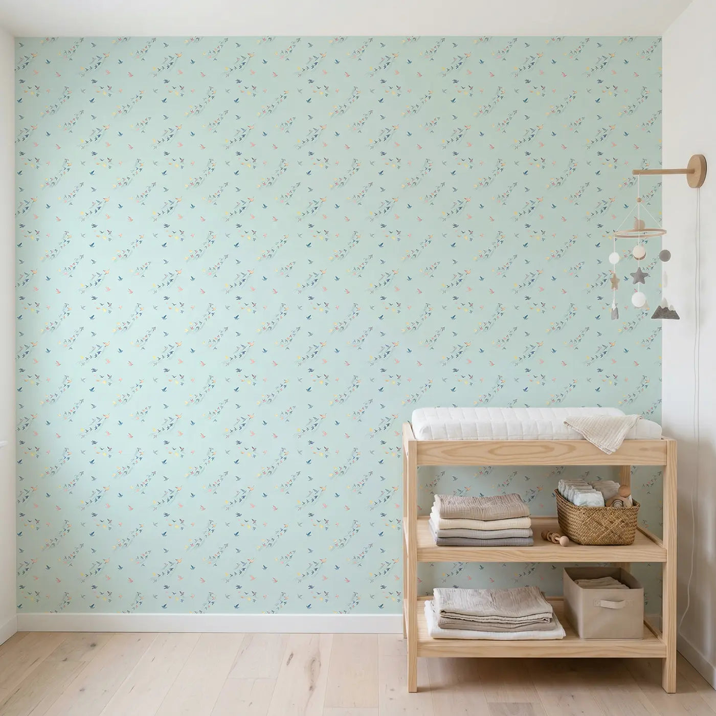 Tiny Birds Watercolor wallpaper in Scandinavian nursery - Whimsy Tots