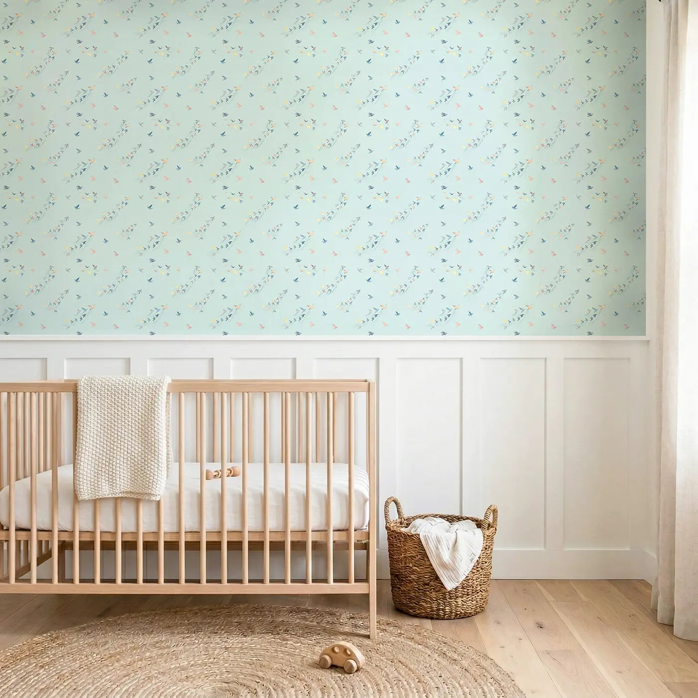 Tiny Birds Watercolor wallpaper above wainscoting - Whimsy Tots