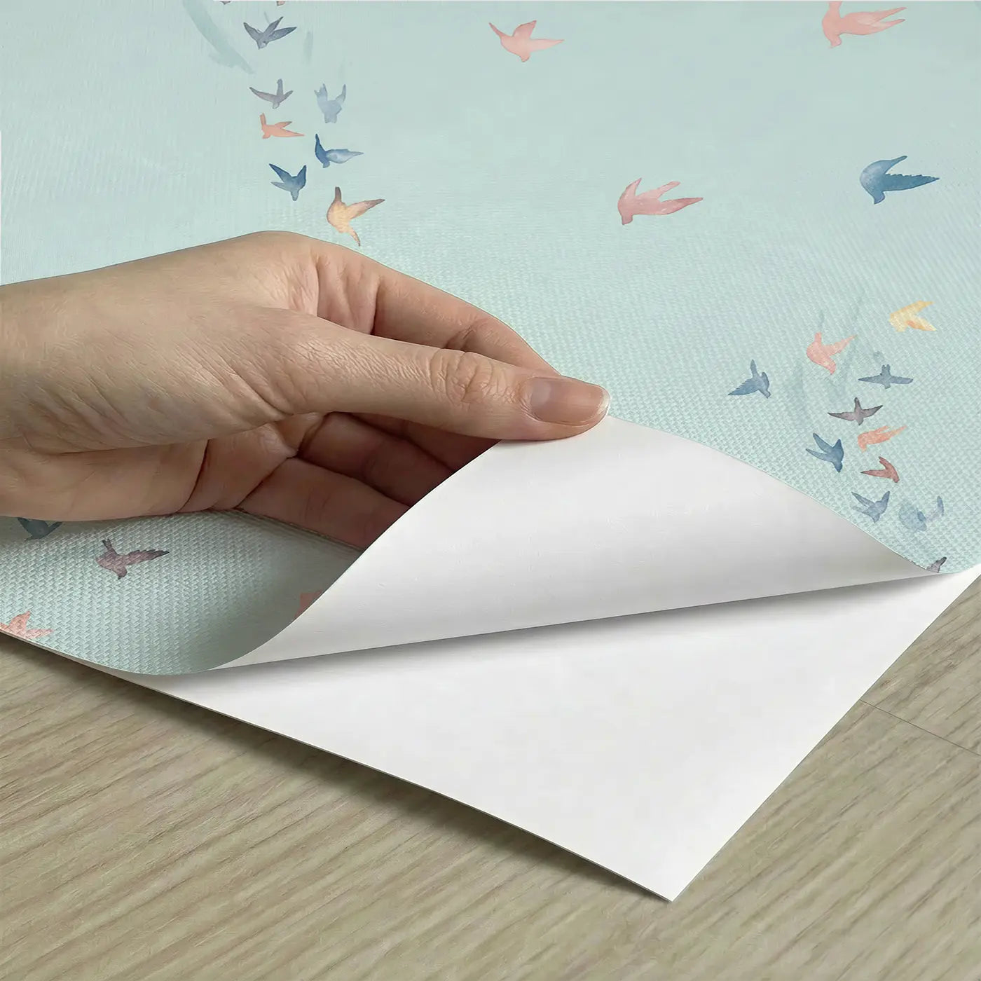 Tiny Birds Watercolor peel and stick material close-up - Whimsy Tots