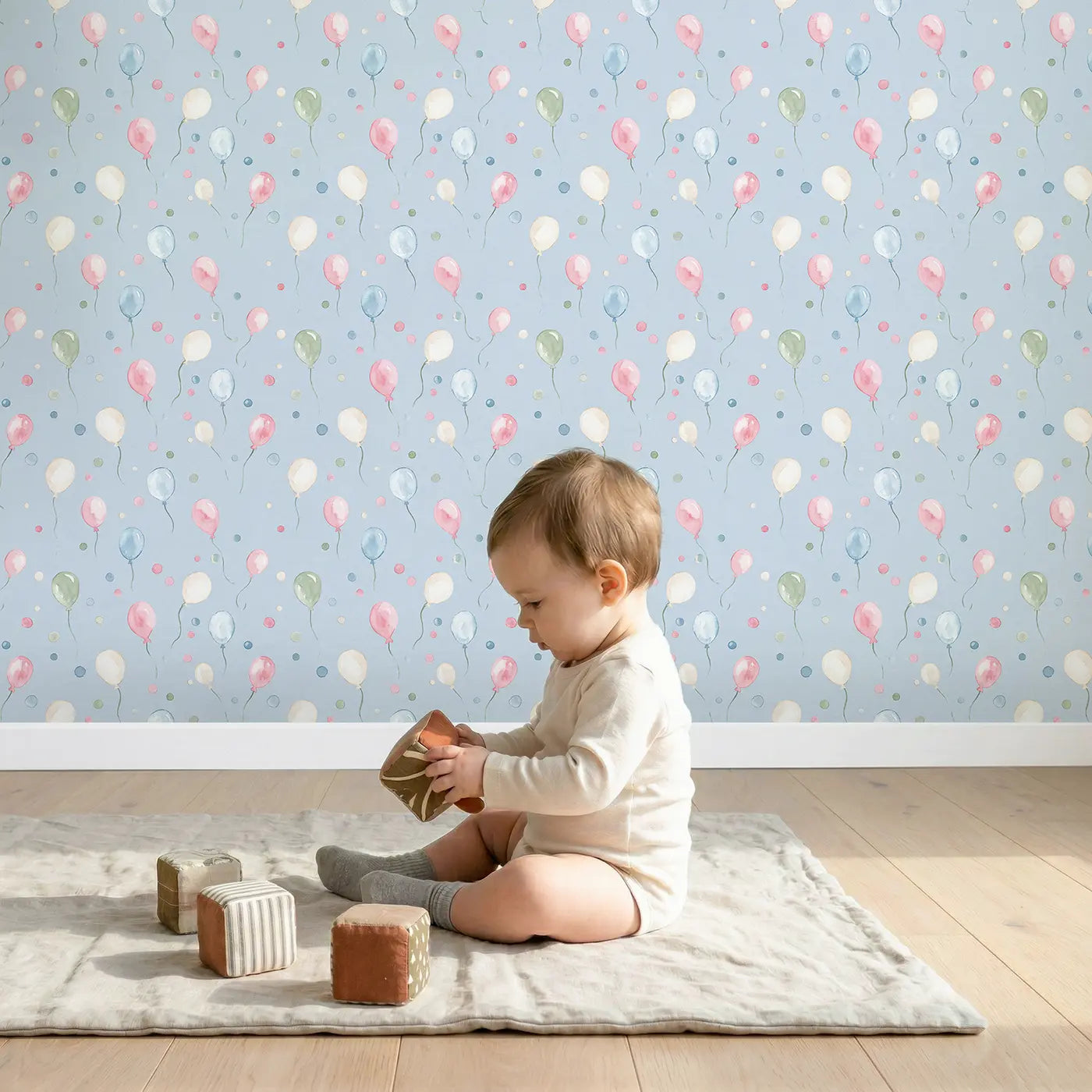 Miniature Balloon Scatter Watercolor wallpaper in styled kids room - Whimsy Tots